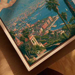 Naples Italy Bay of Naples Travel Poster — closeup framed canvas natural wood floating frame