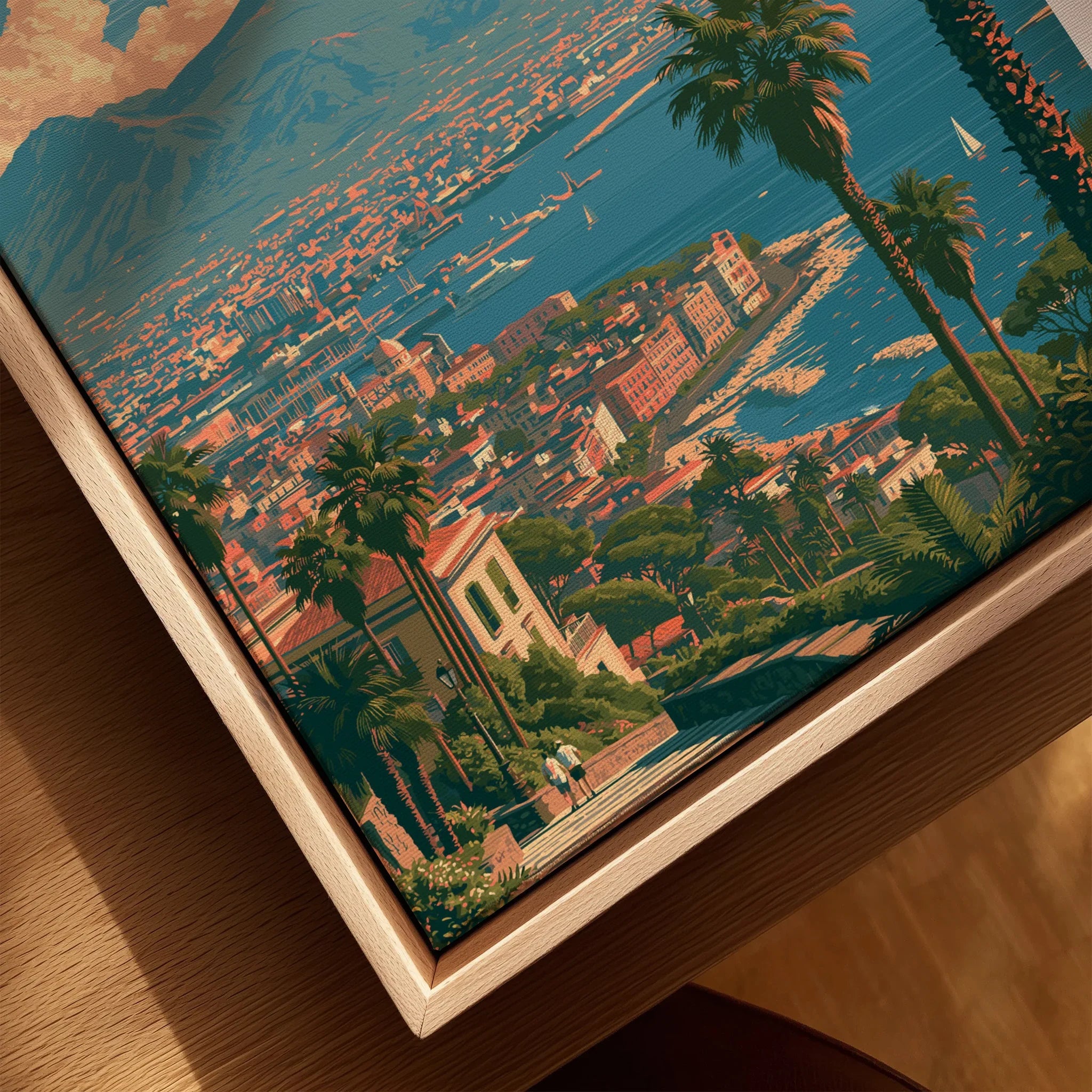 Naples Italy Bay of Naples Travel Poster — closeup framed canvas natural wood floating frame