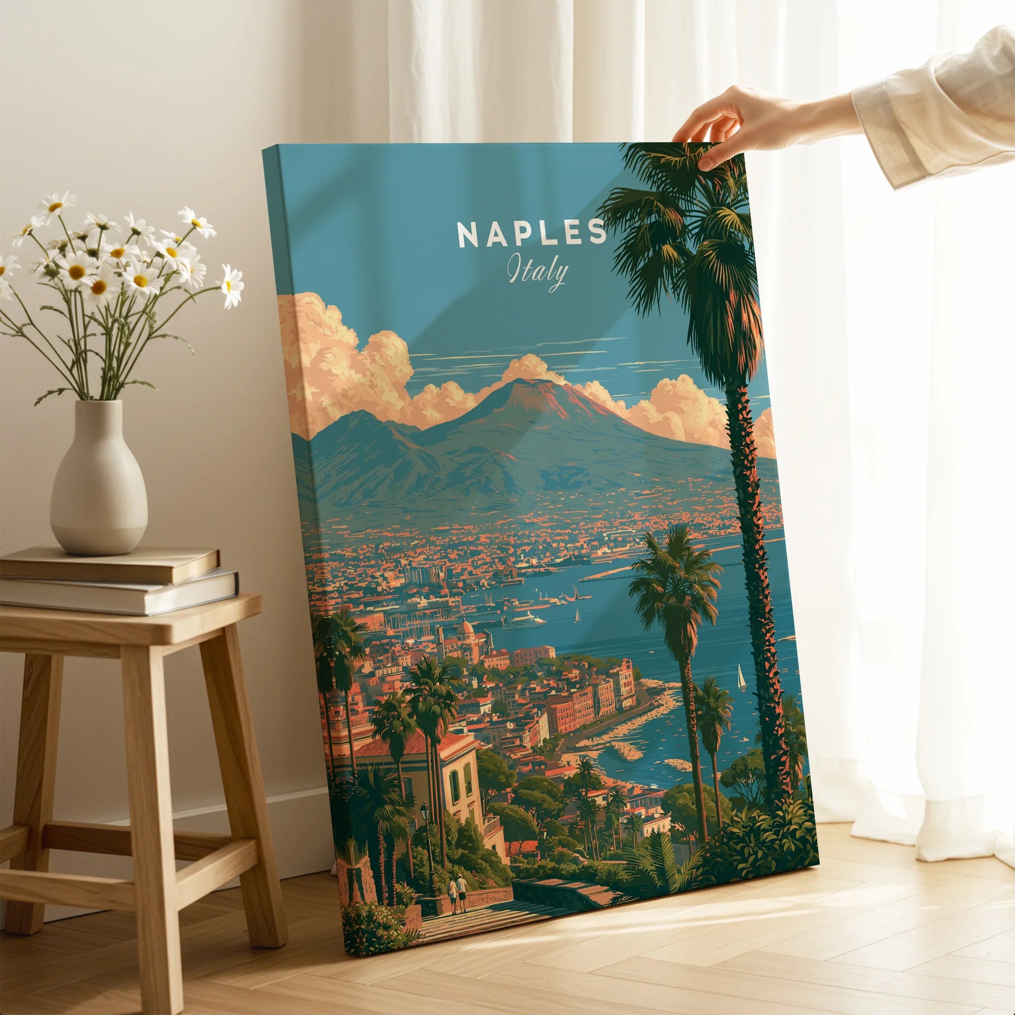Naples Italy Bay of Naples Travel Poster — canvas print mirror edge hand holding room setting
