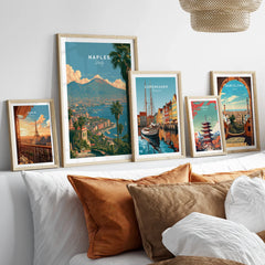 Naples Italy Bay of Naples Travel Poster — set five framed artprints above bed natural wood frames