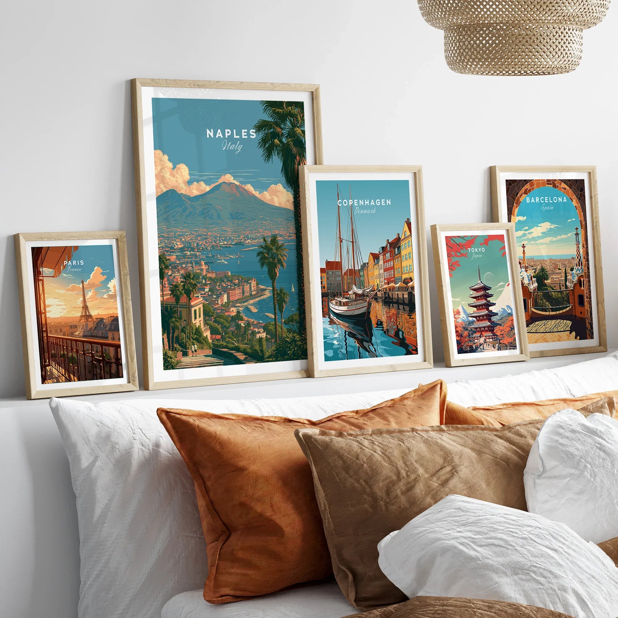 Naples Italy Bay of Naples Travel Poster — set five framed artprints above bed natural wood frames