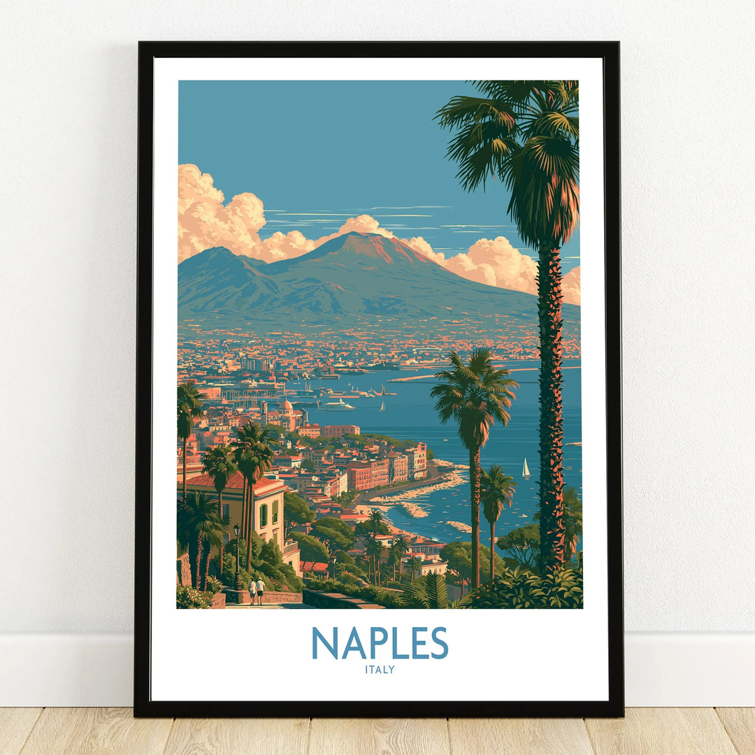 Naples Italy Vesuvius Wall Art — art print in black frame on wooden floor