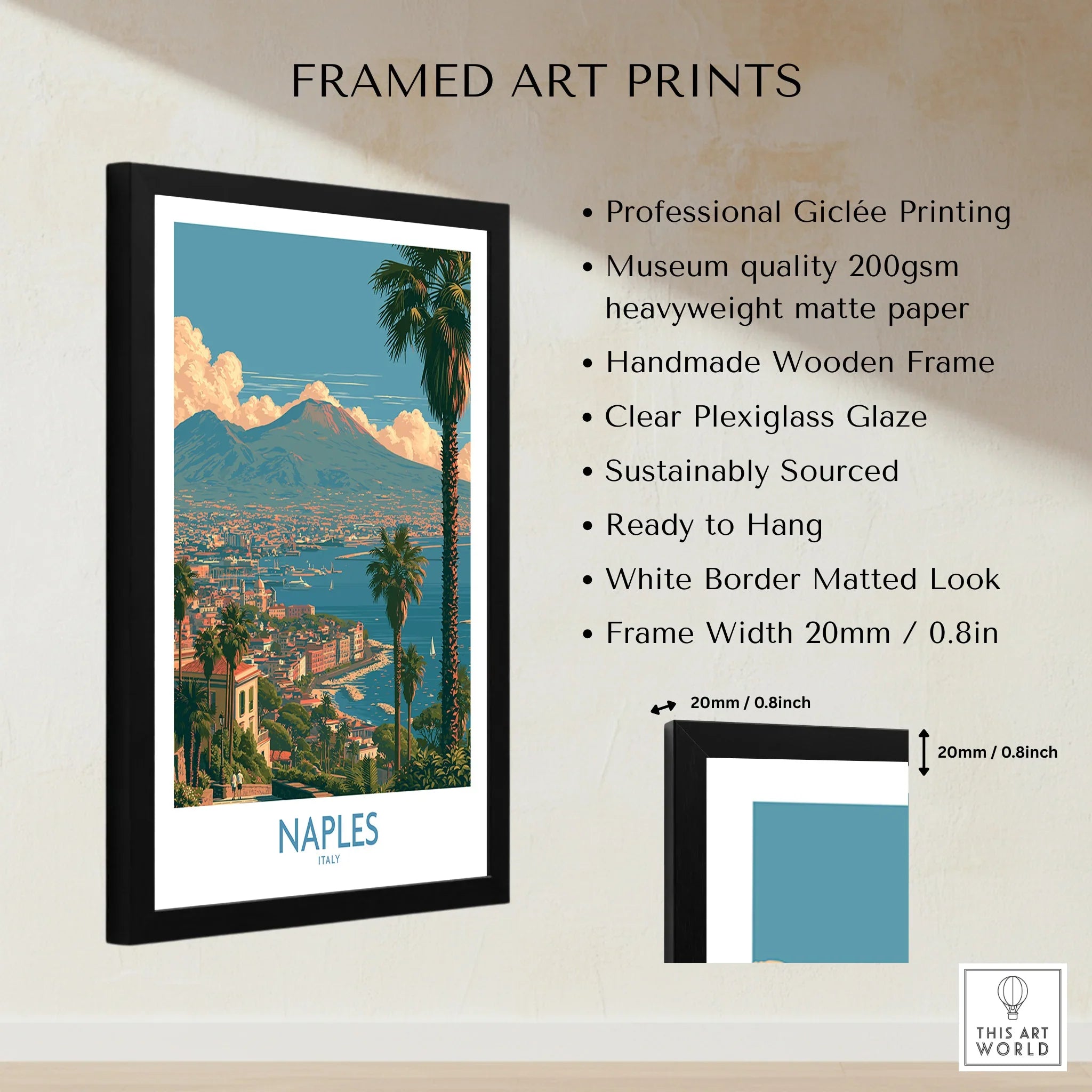 Naples Italy Vesuvius Wall Art — framed print details measurements quality details