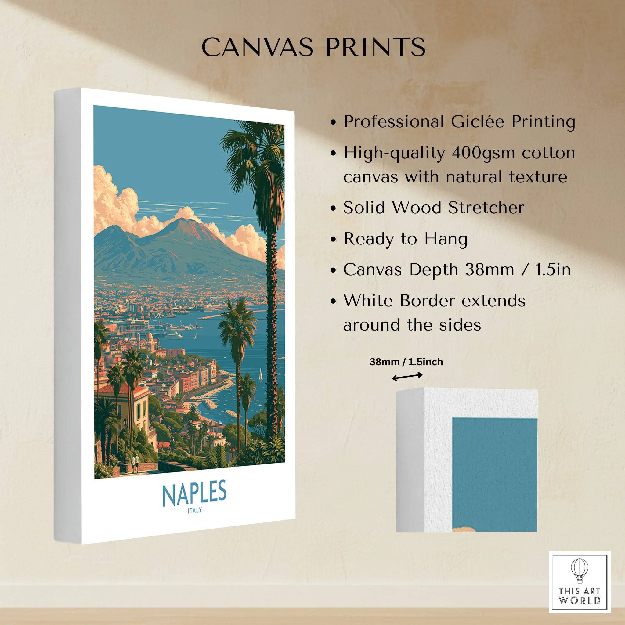 Naples Italy Vesuvius Wall Art — canvas print stretched cotton canvas details