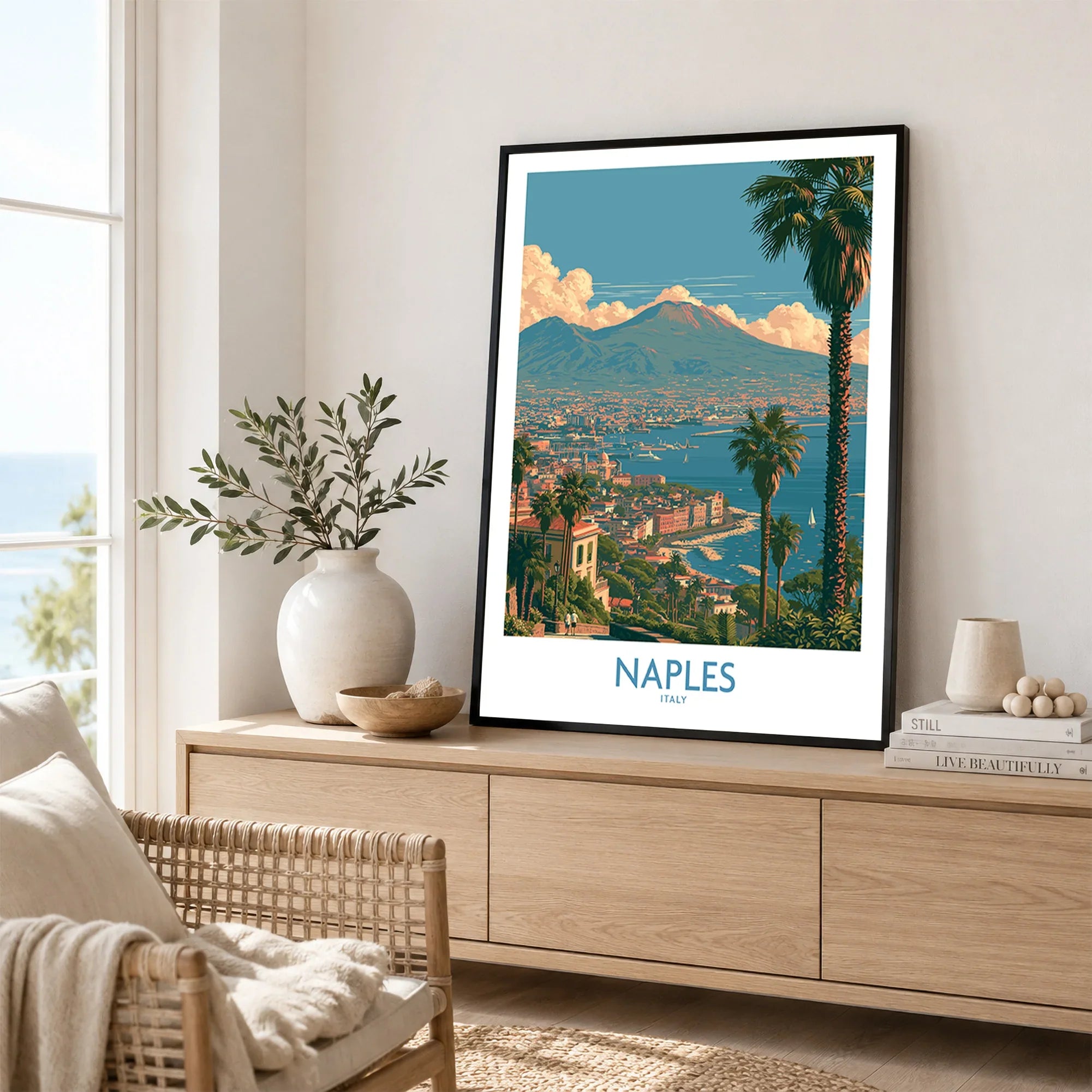 Naples Italy Vesuvius Wall Art — framed artwork living room lifestyle setting