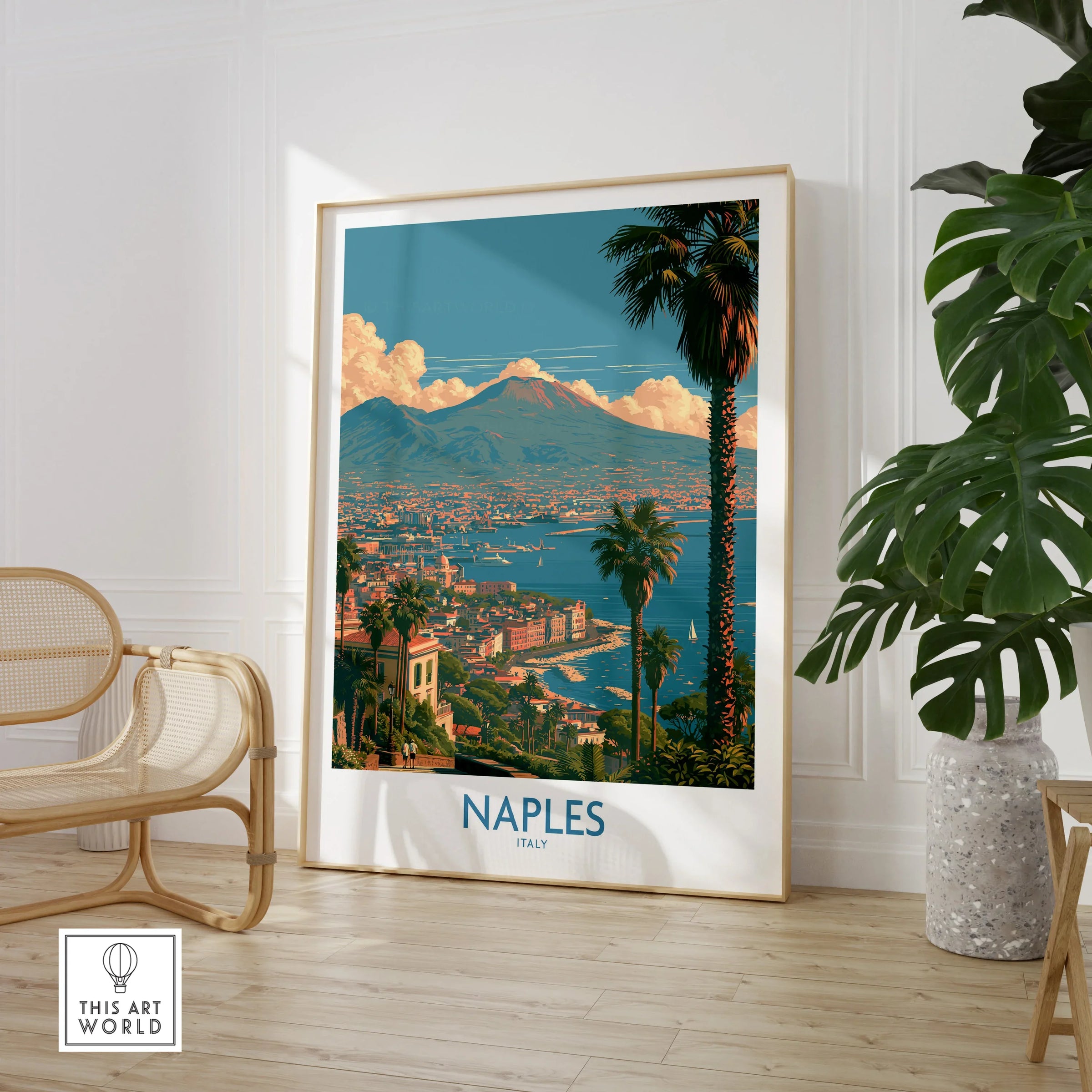Naples Italy Vesuvius Wall Art — large framed print room setting chair plant