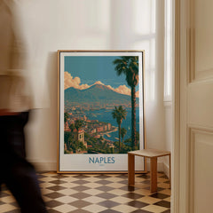 Naples Italy Vesuvius Wall Art — framed canvas on floor man walking past