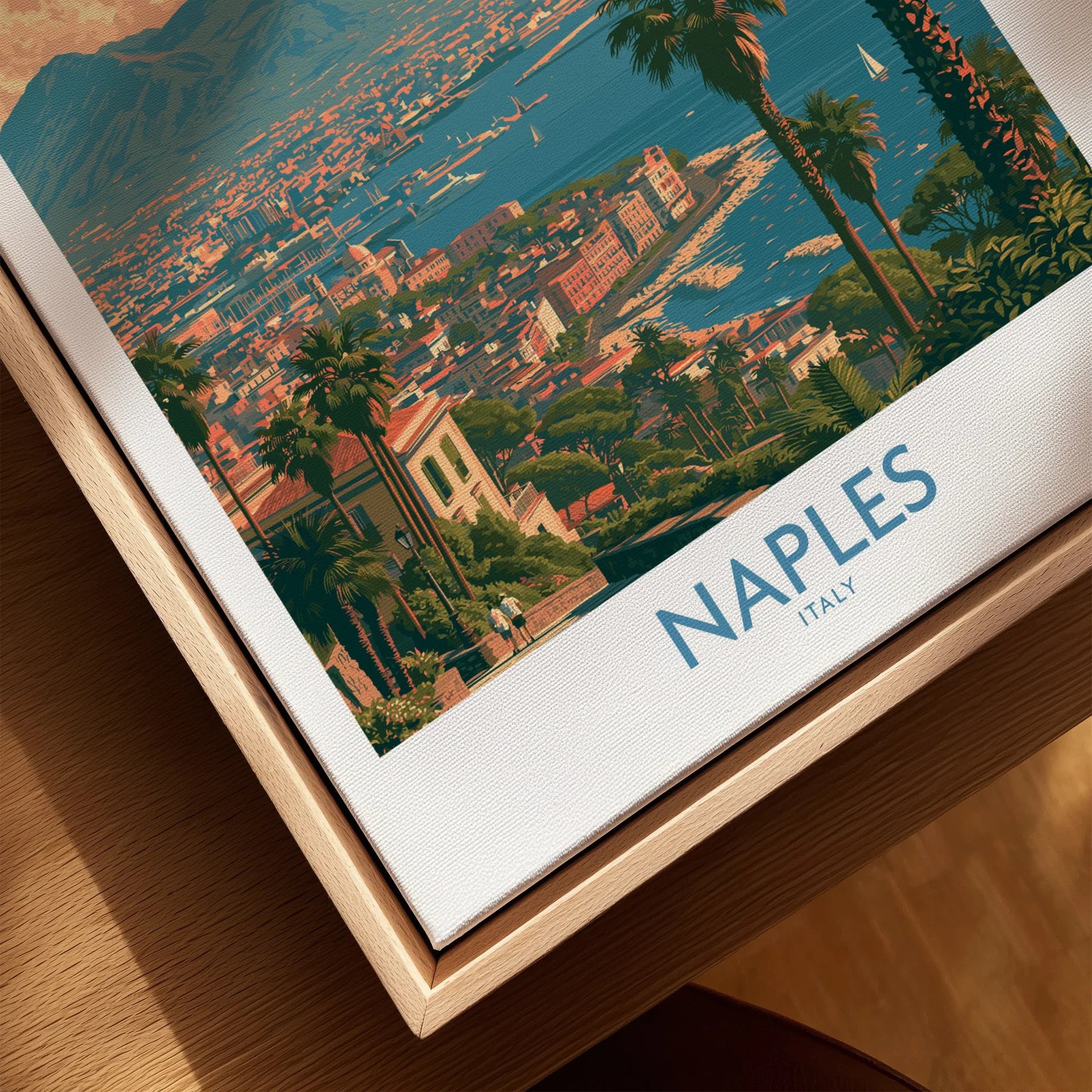 Naples Italy Vesuvius Wall Art — closeup framed canvas natural wood floating frame