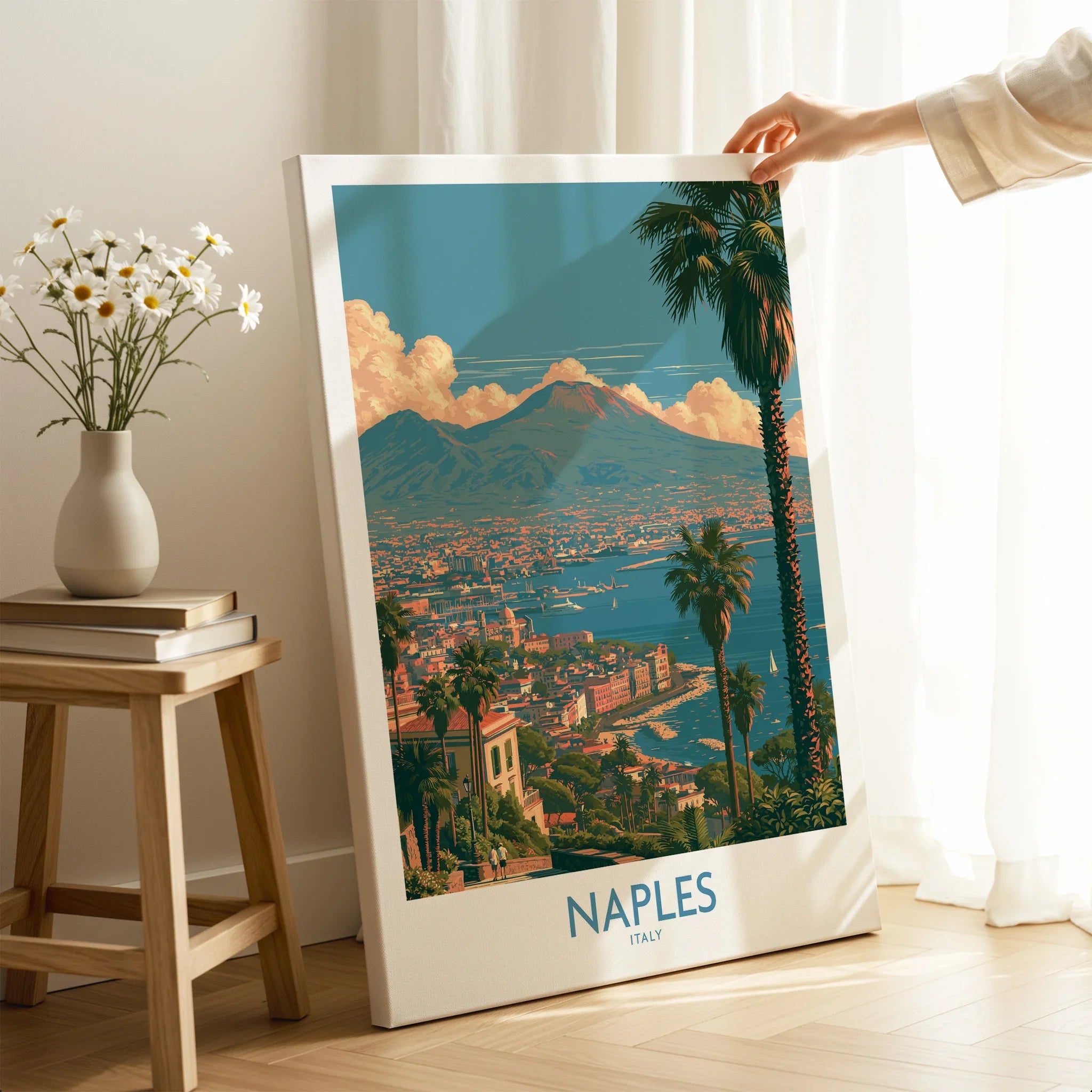 Naples Italy Vesuvius Wall Art — canvas print mirror edge hand holding room setting