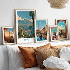 Naples Italy Vesuvius Wall Art — set five framed artprints above bed natural wood frames