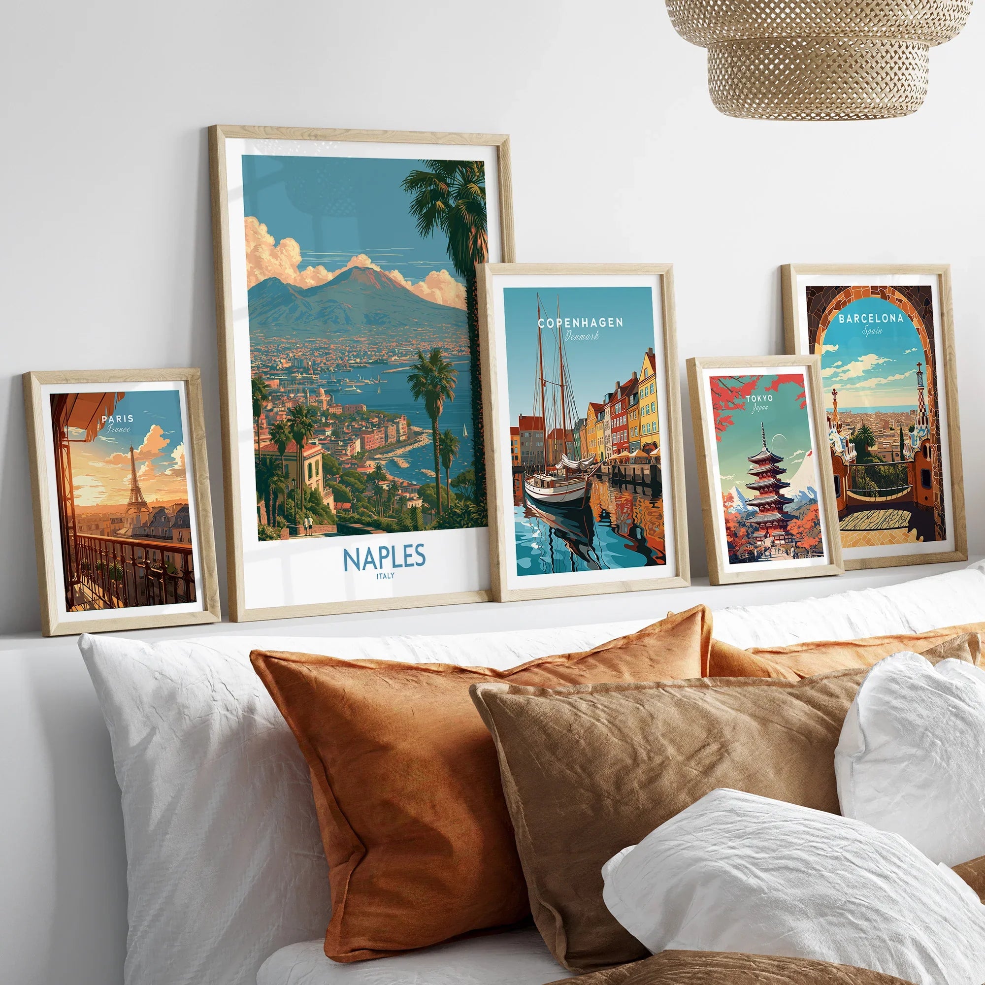 Naples Italy Vesuvius Wall Art — set five framed artprints above bed natural wood frames