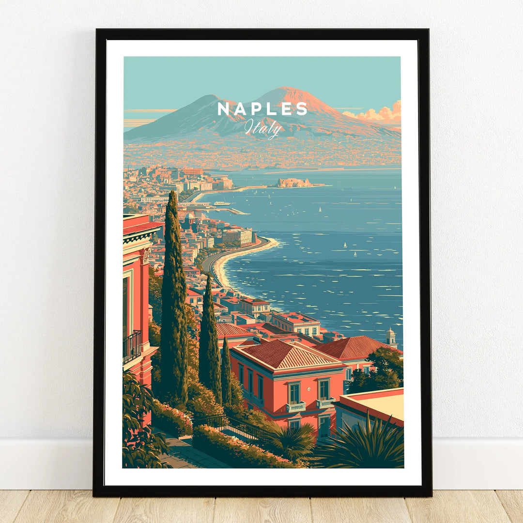 Naples Italy Coast Travel Poster — art print in black frame on wooden floor