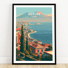 Naples Italy Coast Travel Poster — art print in black frame on wooden floor