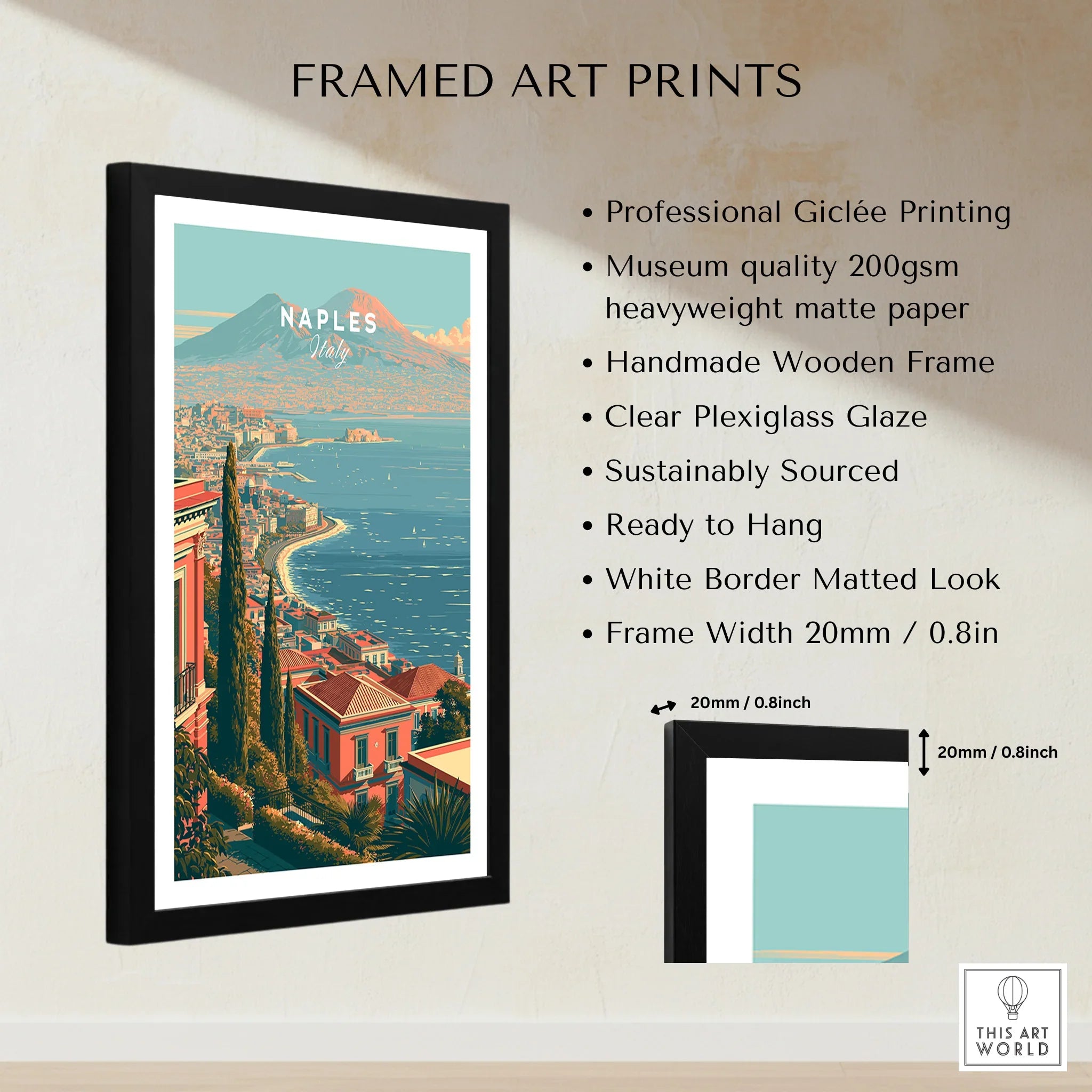 Naples Italy Coast Travel Poster — framed print details measurements quality details