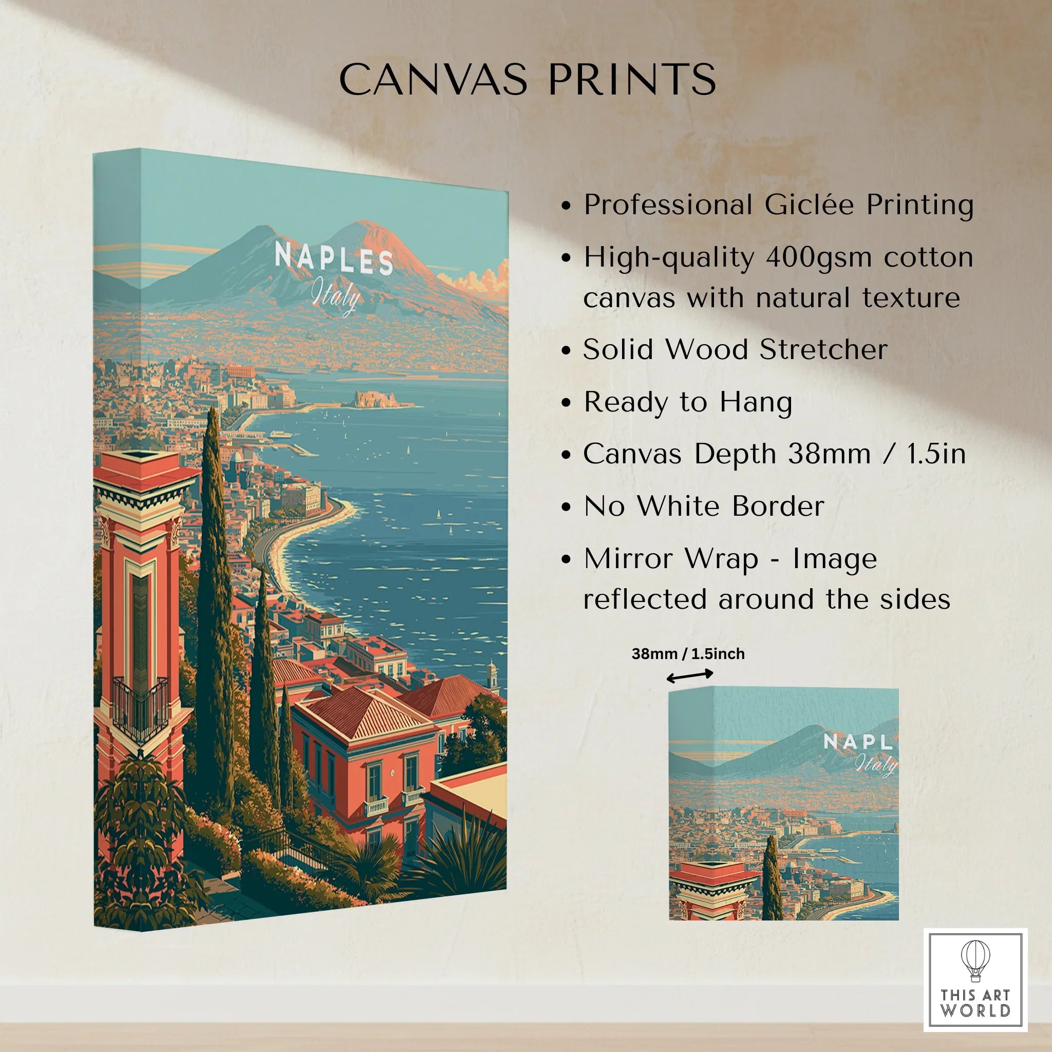 Naples Italy Coast Travel Poster — canvas print stretched cotton canvas details