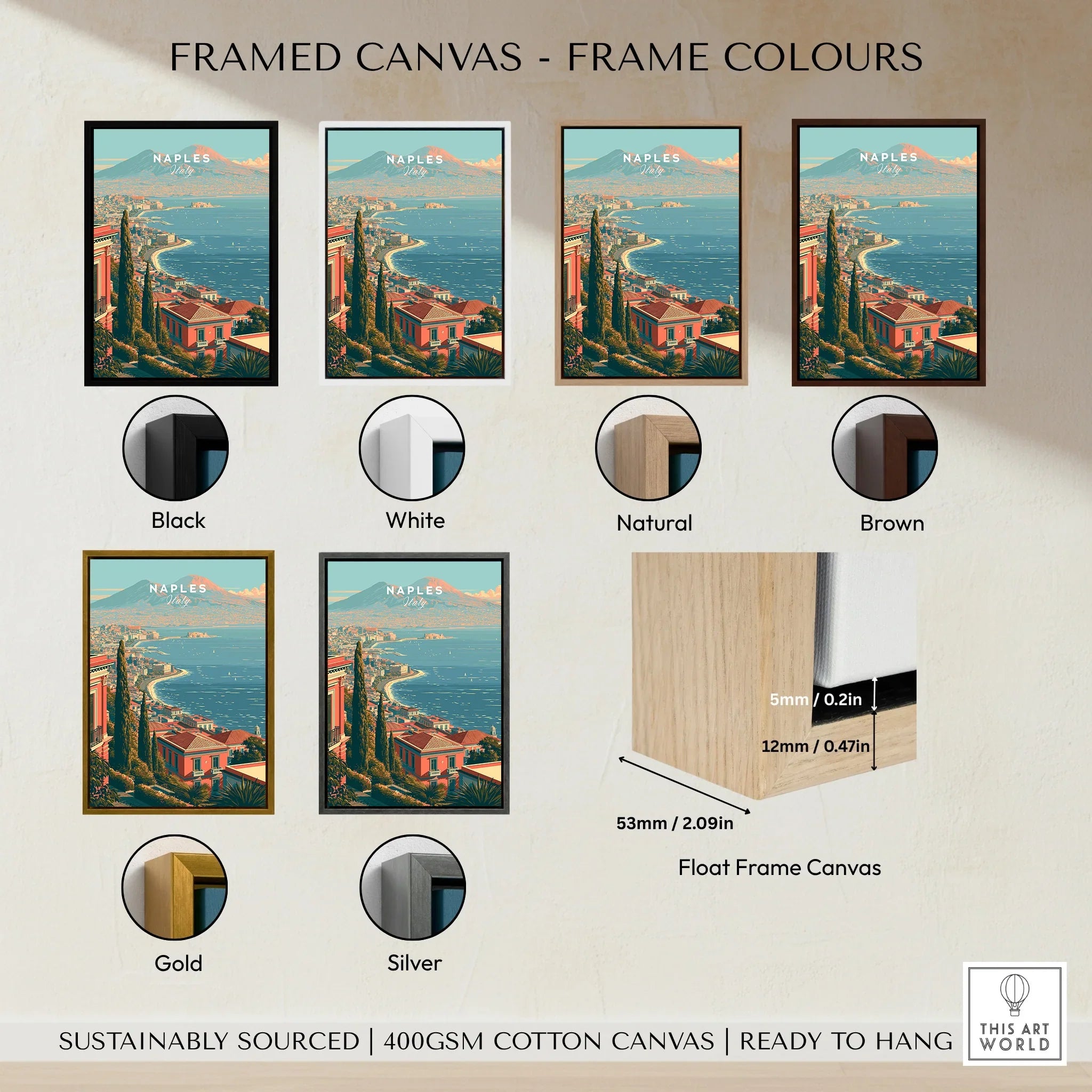 Naples Italy Coast Travel Poster — framed canvas float frame colour options