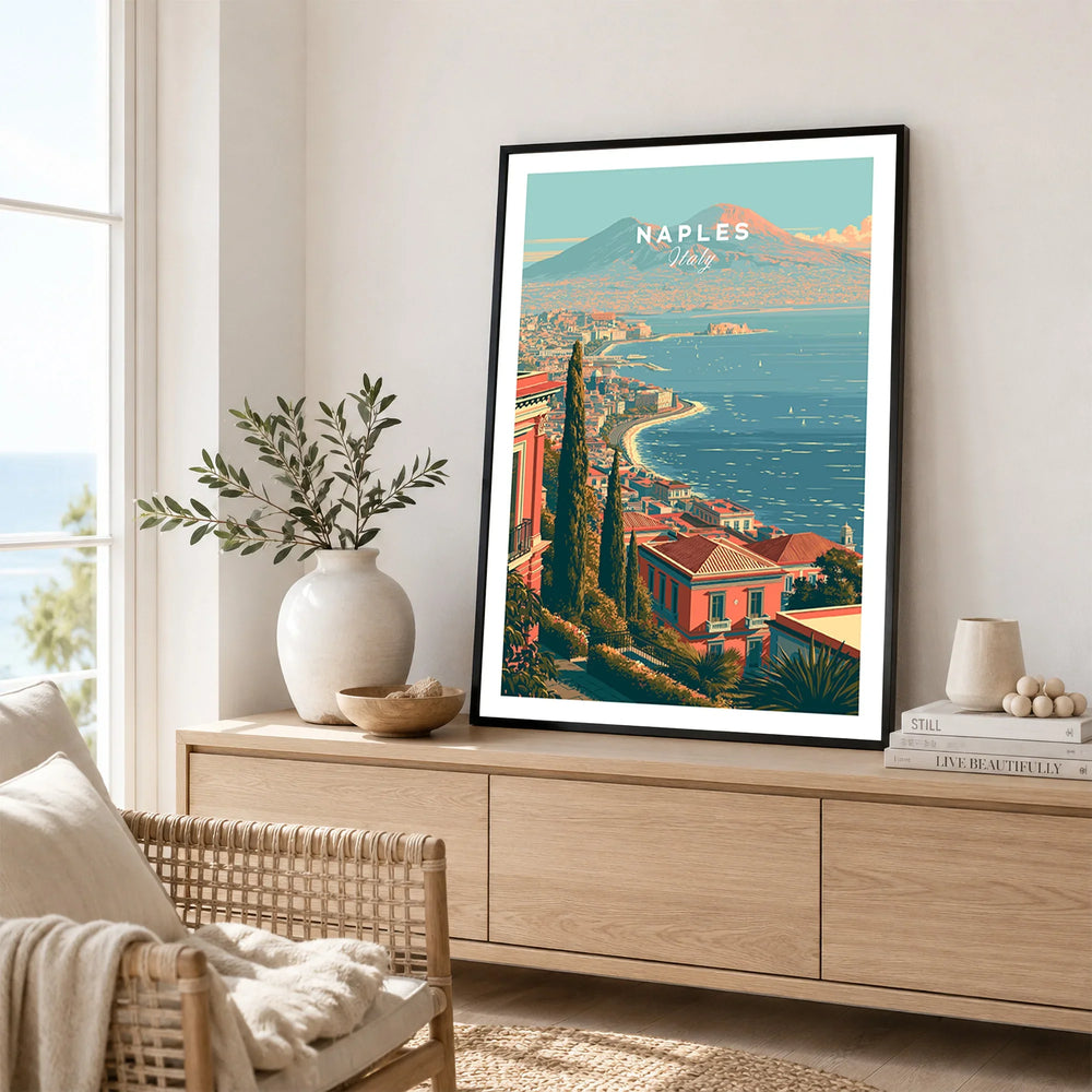 Naples Italy Coast Travel Poster — framed artwork living room lifestyle setting