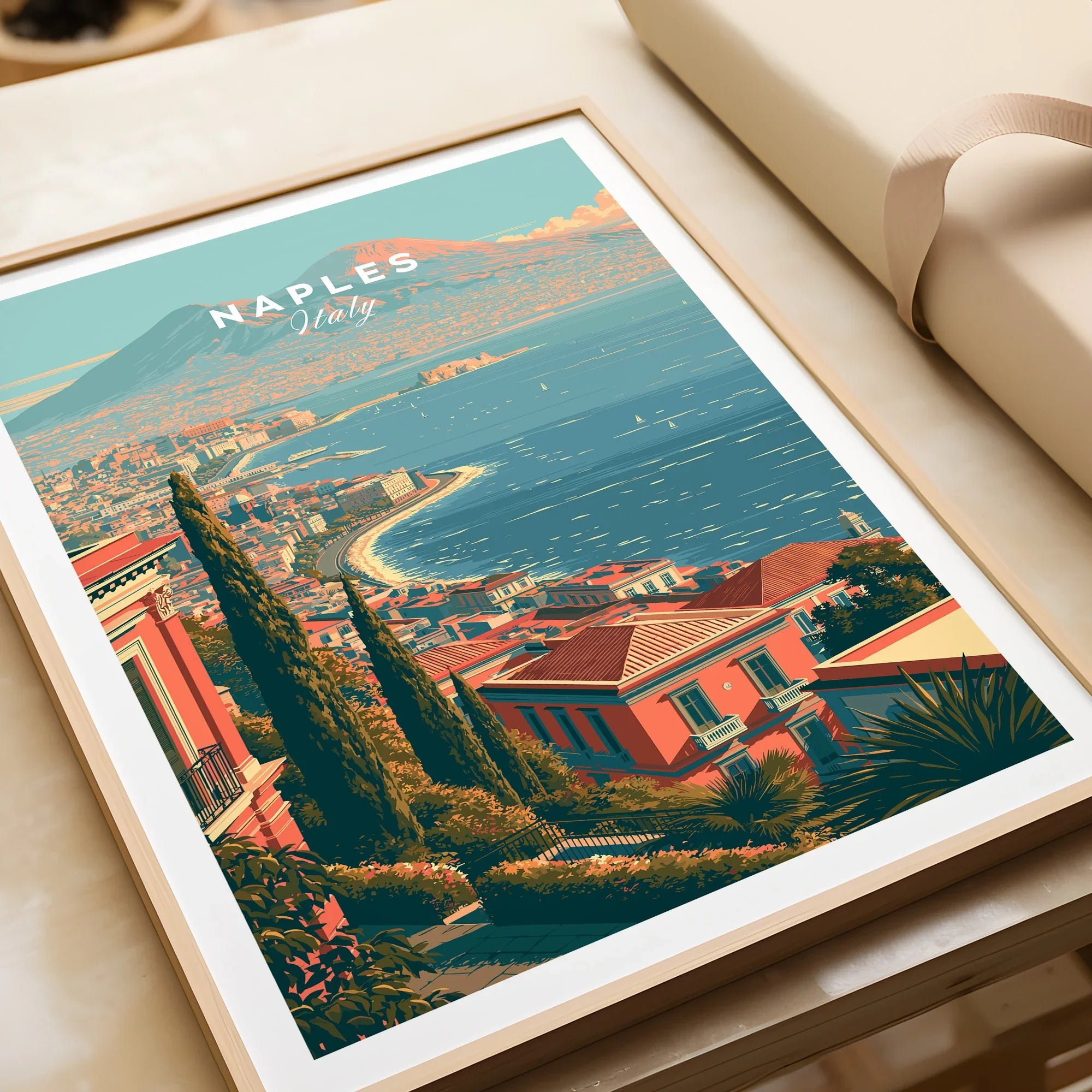 Naples Italy Coast Travel Poster — framed art print closeup gift unwrapped natural frame