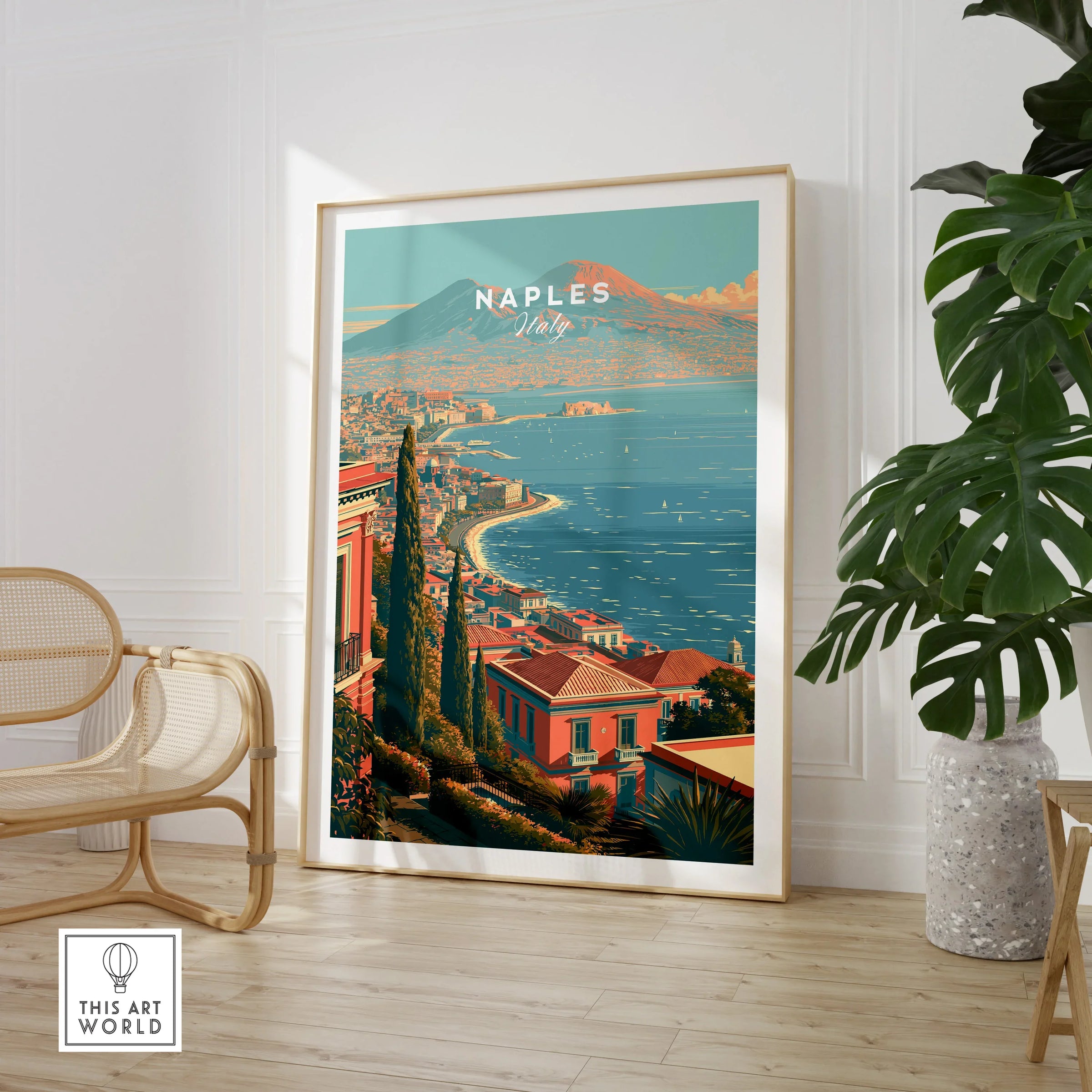 Naples Italy Coast Travel Poster — large framed print room setting chair plant