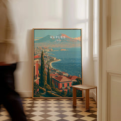 Naples Italy Coast Travel Poster — framed canvas on floor man walking past