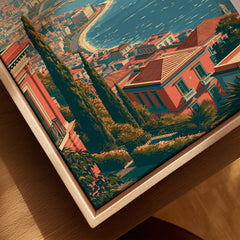 Naples Italy Coast Travel Poster — closeup framed canvas natural wood floating frame