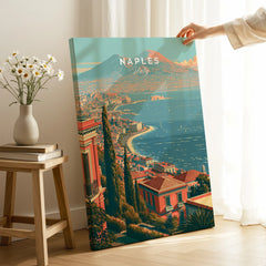 Naples Italy Coast Travel Poster — canvas print mirror edge hand holding room setting