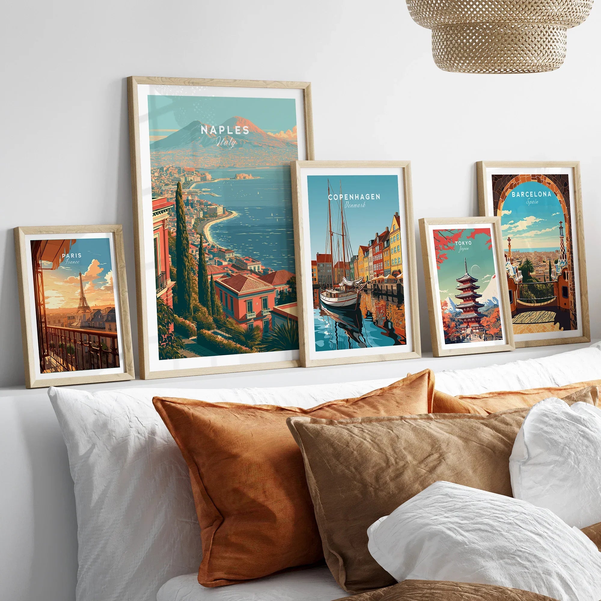 Naples Italy Coast Travel Poster — set five framed artprints above bed natural wood frames