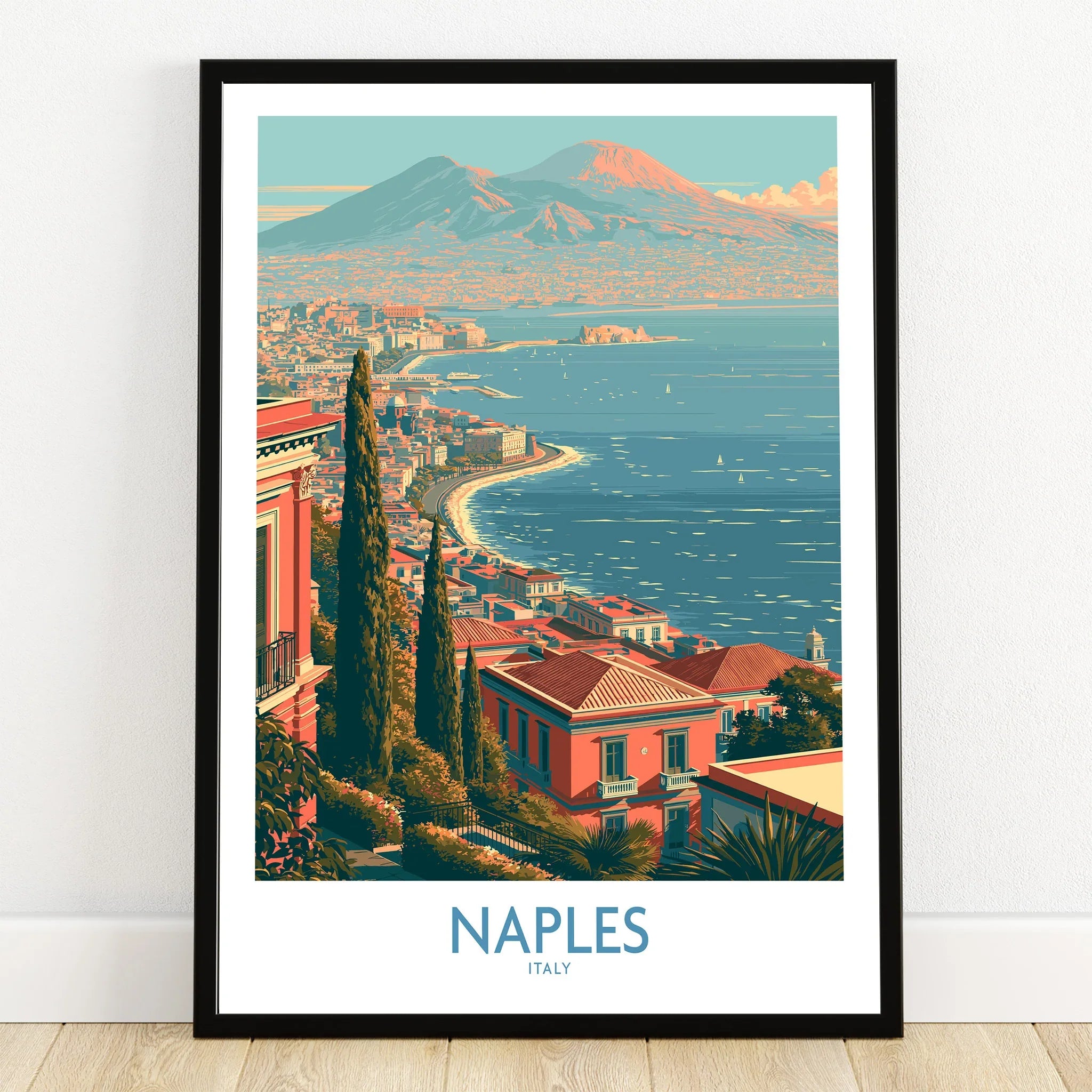 Naples Italy Bay Wall Art — art print in black frame on wooden floor