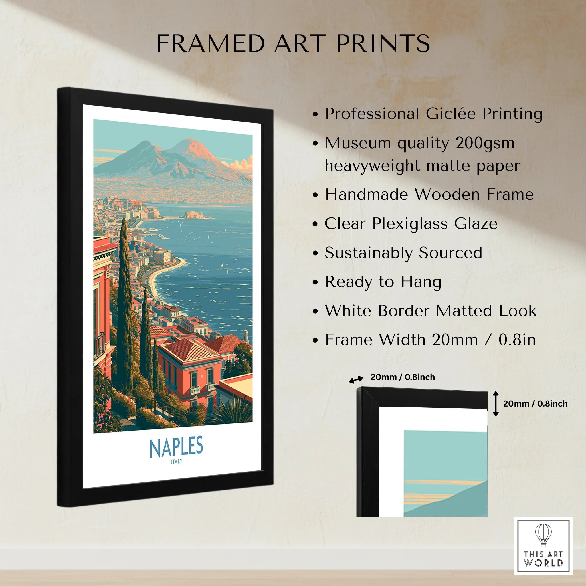 Naples Italy Bay Wall Art — framed print details measurements quality details