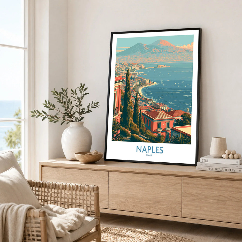 Naples Italy Bay Wall Art — framed artwork living room lifestyle setting