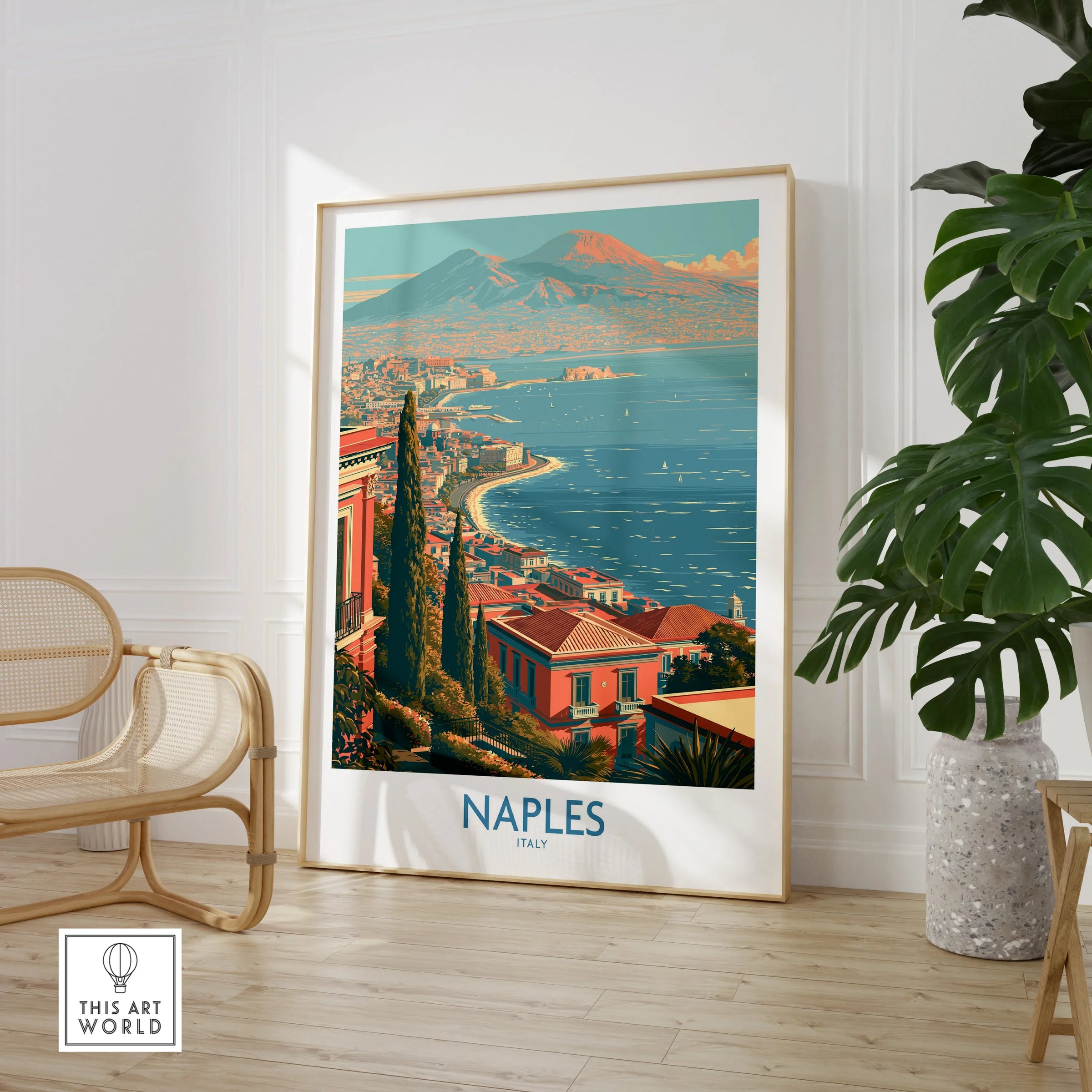 Naples Italy Bay Wall Art — large framed print room setting chair plant