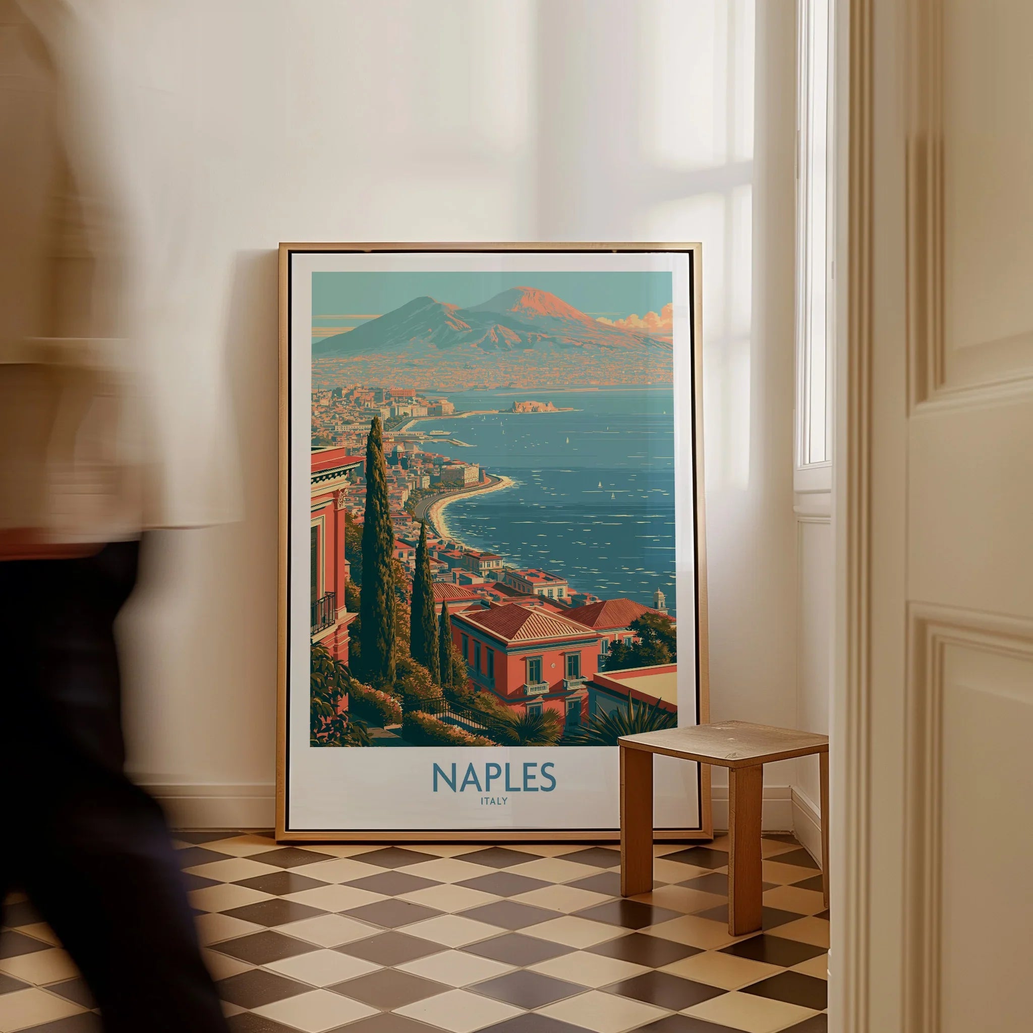 Naples Italy Bay Wall Art — framed canvas on floor man walking past