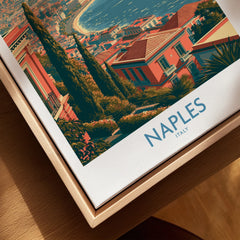 Naples Italy Bay Wall Art — closeup framed canvas natural wood floating frame