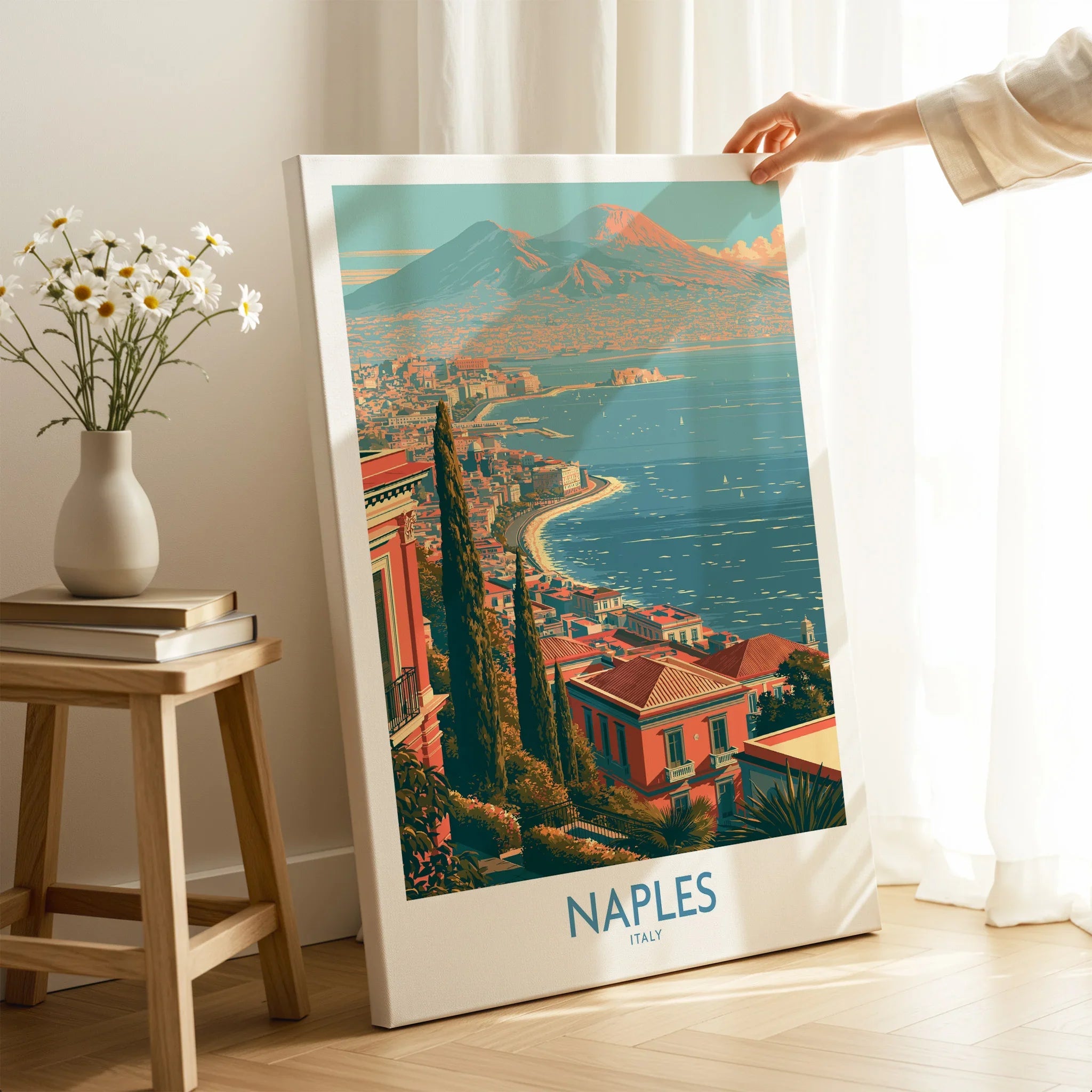 Naples Italy Bay Wall Art — canvas print mirror edge hand holding room setting