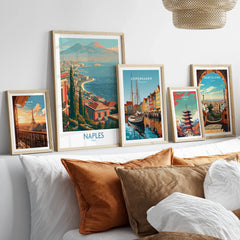 Naples Italy Bay Wall Art — set five framed artprints above bed natural wood frames