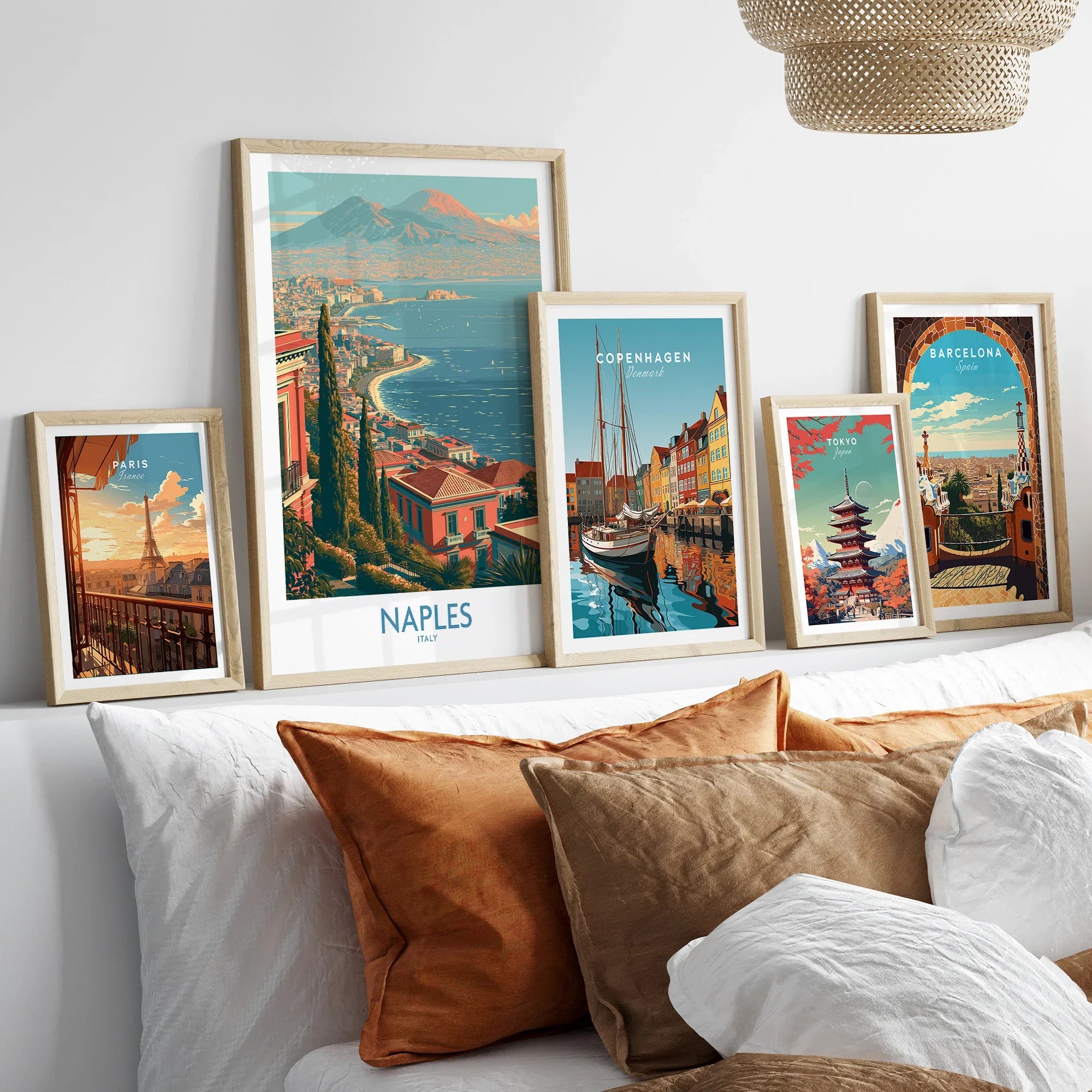 Naples Italy Bay Wall Art — set five framed artprints above bed natural wood frames