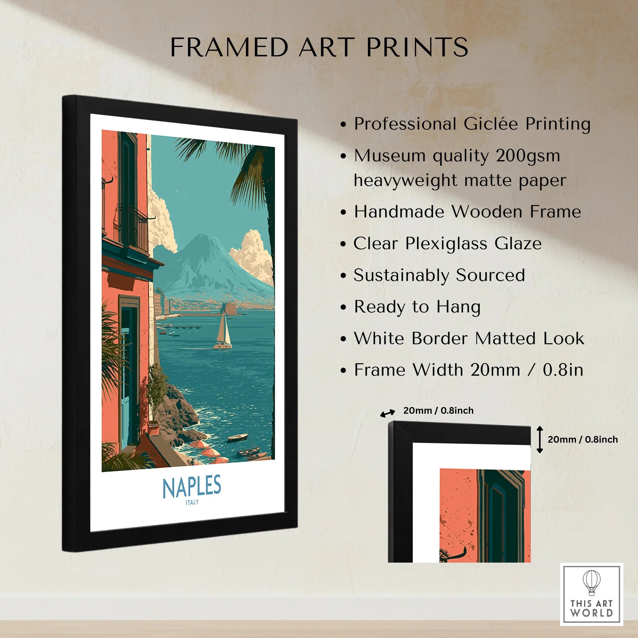Naples Italy Seafront Wall Art — framed print details measurements quality details