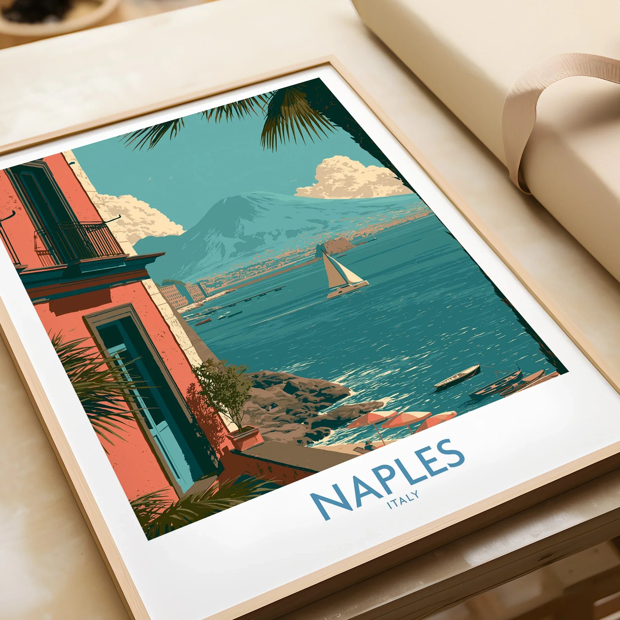Naples Italy Seafront Wall Art — framed art print closeup gift unwrapped natural frame
