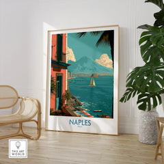 Naples Italy Seafront Wall Art — large framed print room setting chair plant