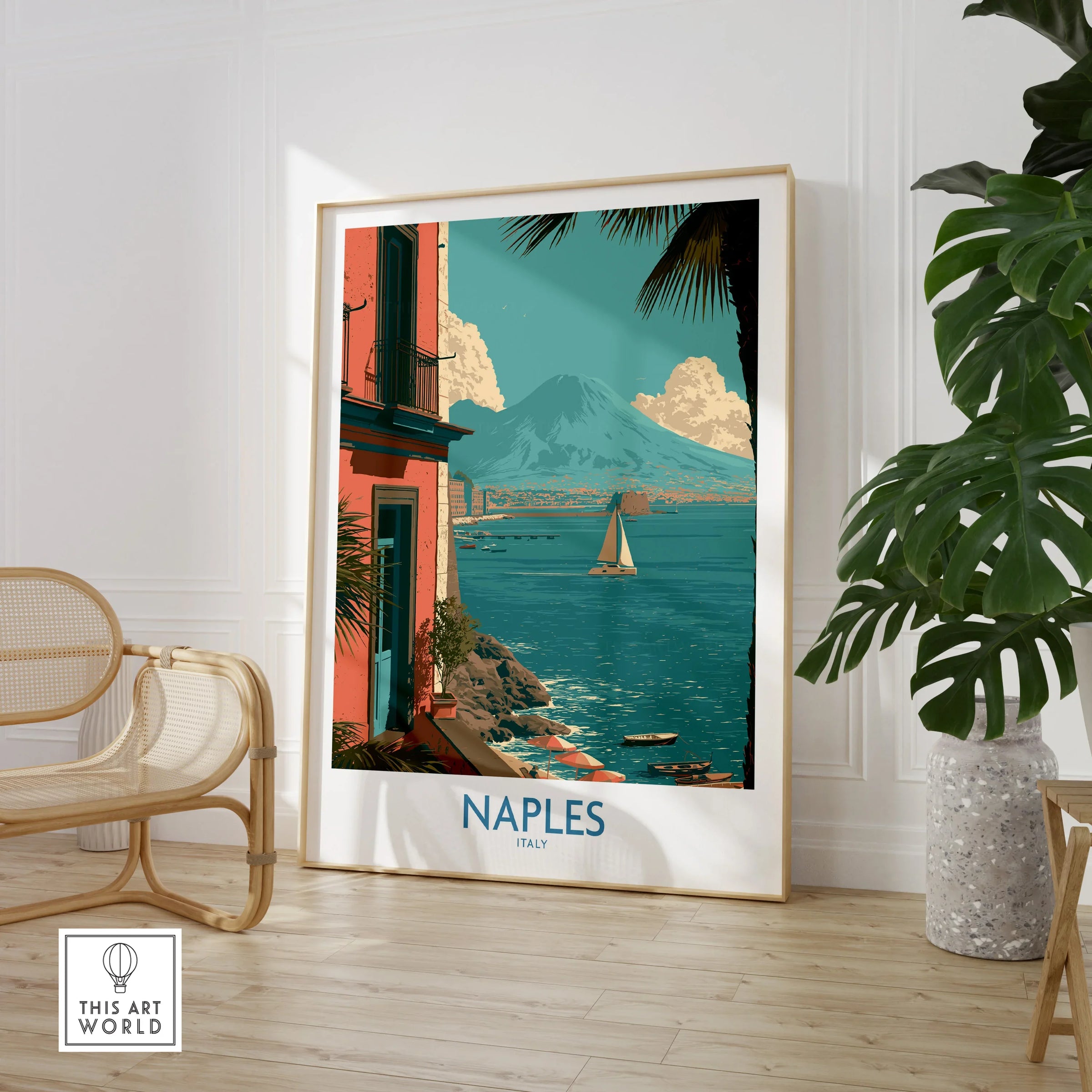 Naples Italy Seafront Wall Art — large framed print room setting chair plant