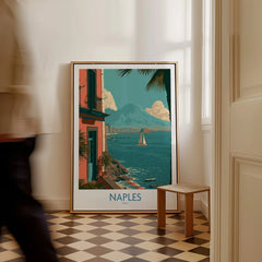 Naples Italy Seafront Wall Art — framed canvas on floor man walking past