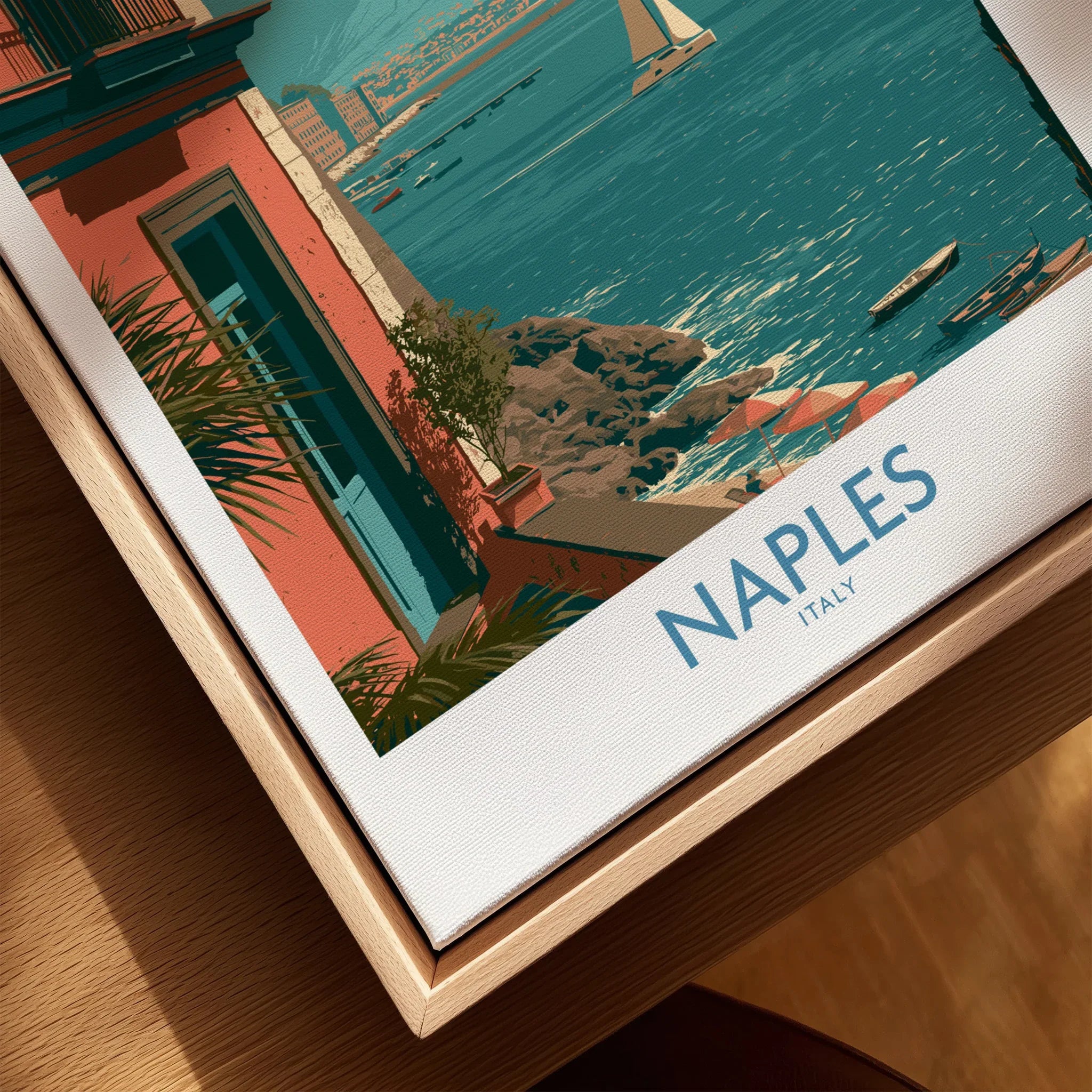 Naples Italy Seafront Wall Art — closeup framed canvas natural wood floating frame