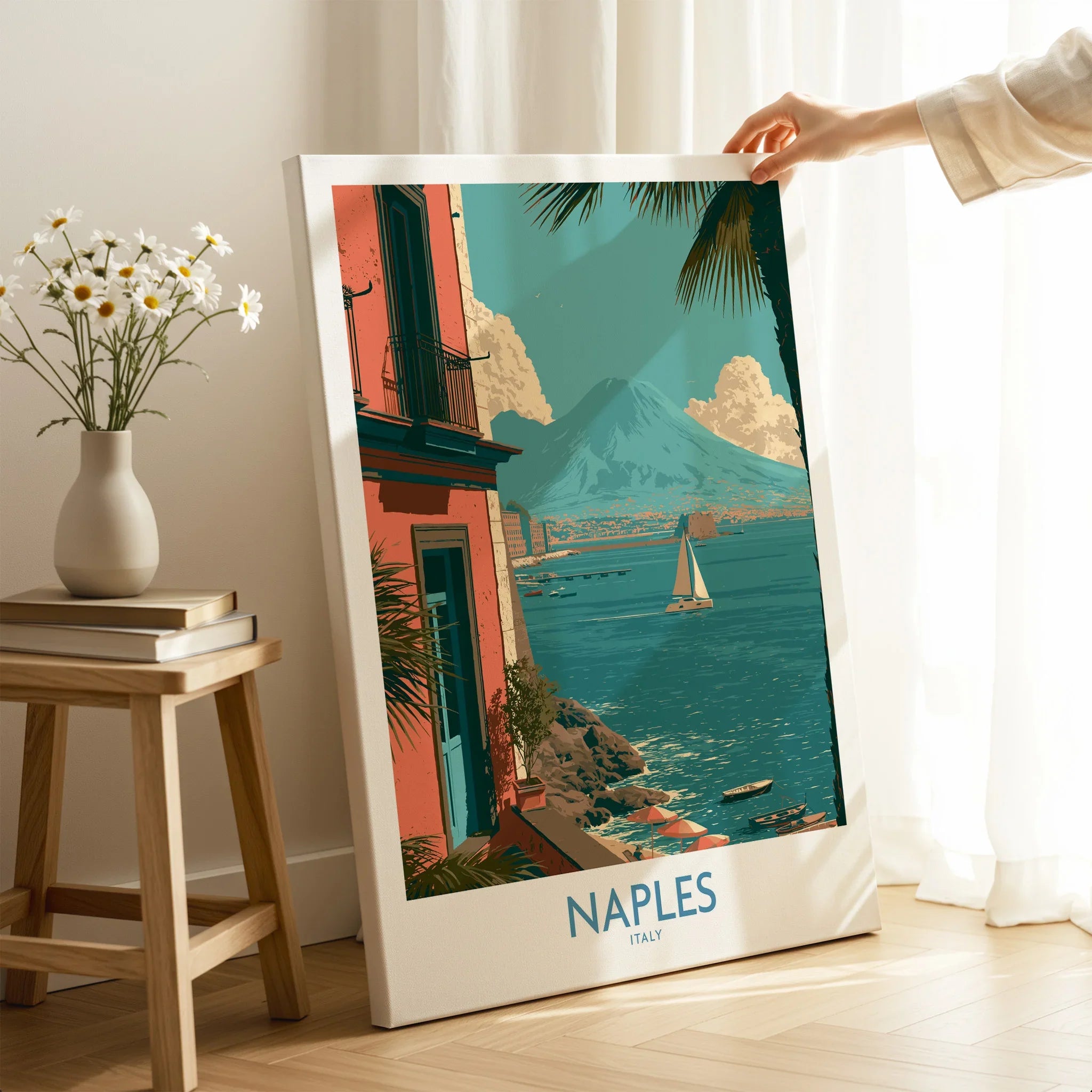 Naples Italy Seafront Wall Art — canvas print mirror edge hand holding room setting