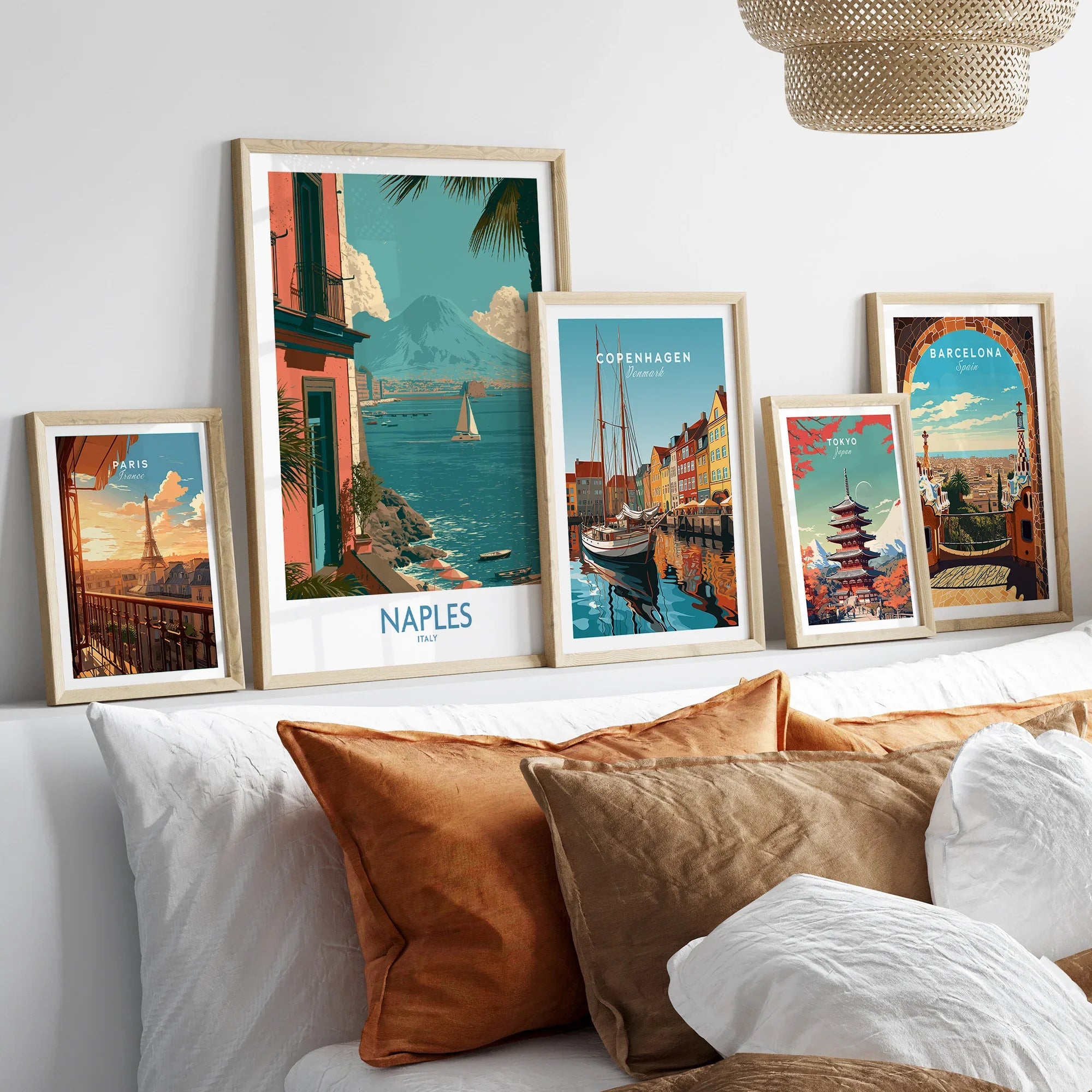Naples Italy Seafront Wall Art — set five framed artprints above bed natural wood frames