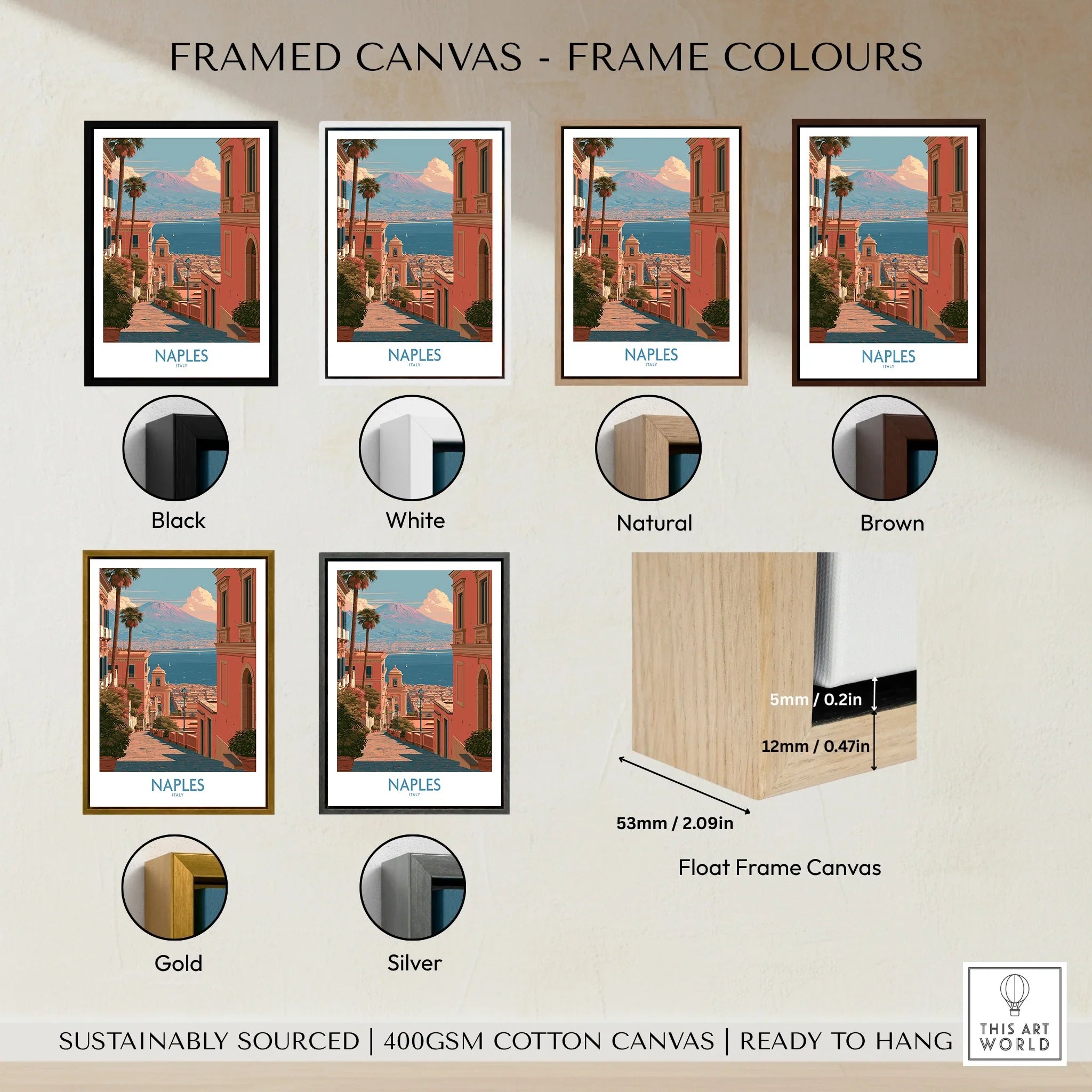 Naples Italy Streets Wall Art — framed canvas float frame colour options