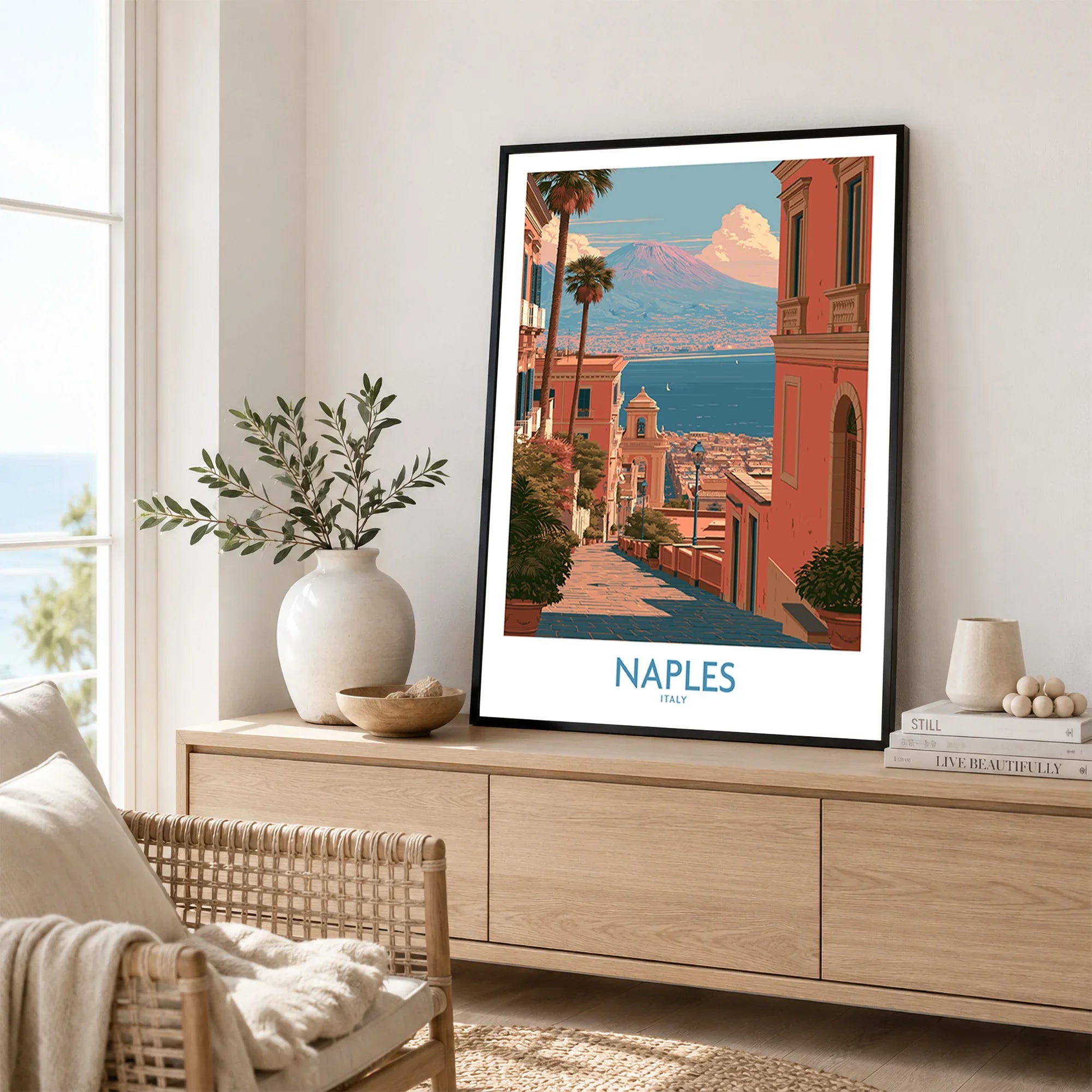 Naples Italy Streets Wall Art — framed artwork living room lifestyle setting