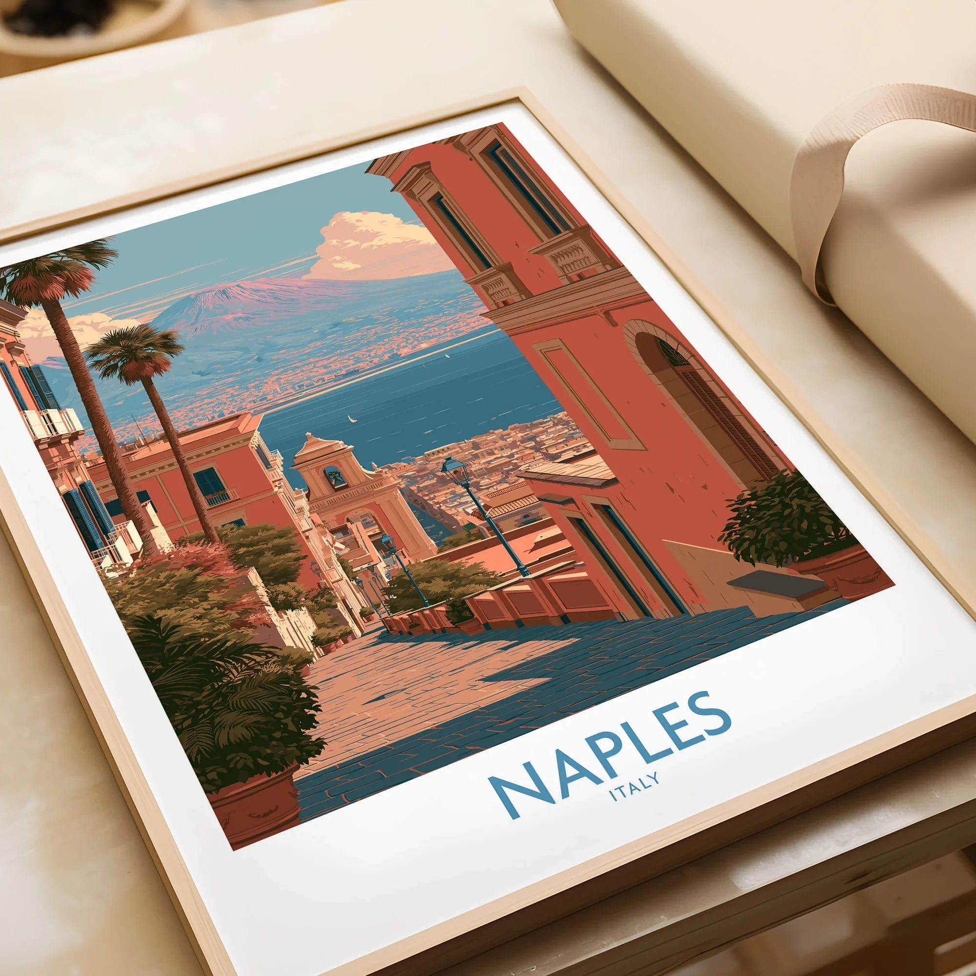 Naples Italy Streets Wall Art — framed art print closeup gift unwrapped natural frame