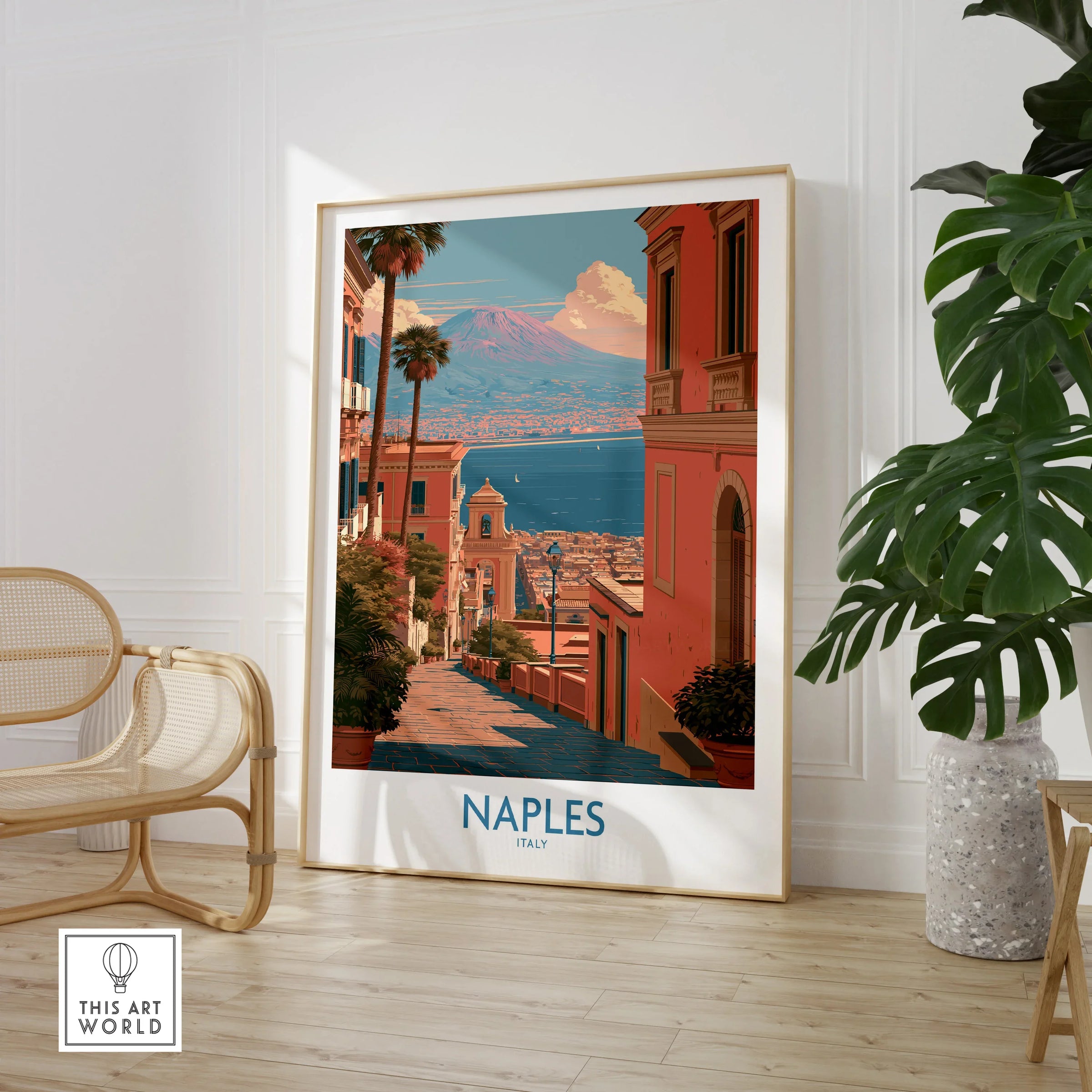 Naples Italy Streets Wall Art — large framed print room setting chair plant