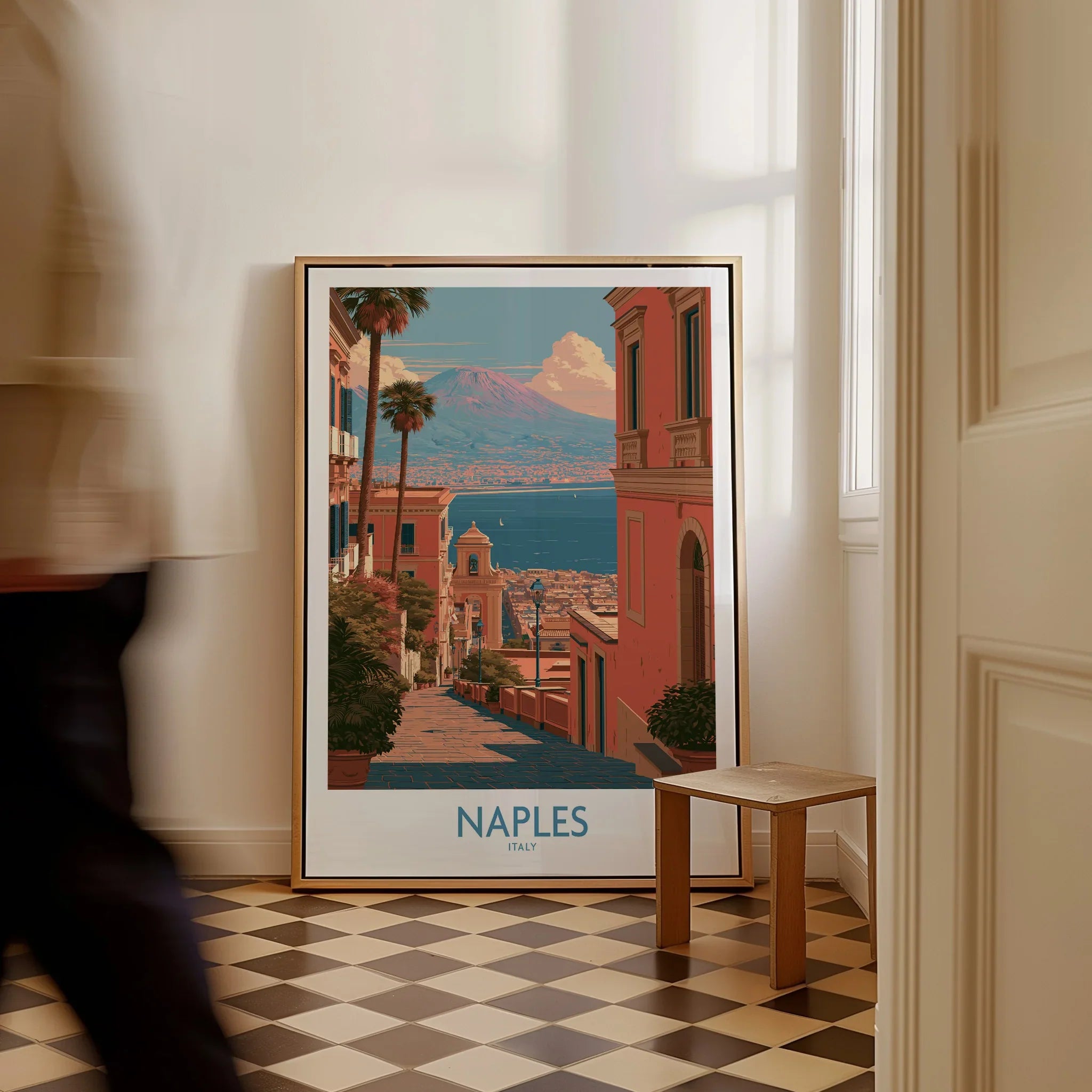 Naples Italy Streets Wall Art — framed canvas on floor man walking past