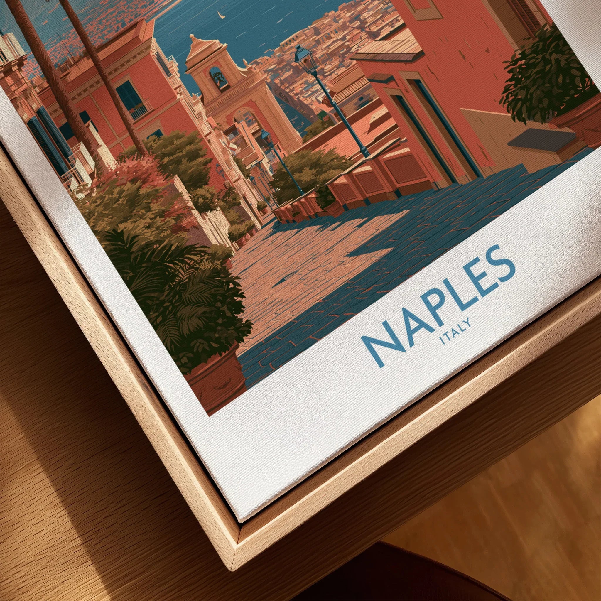 Naples Italy Streets Wall Art — closeup framed canvas natural wood floating frame
